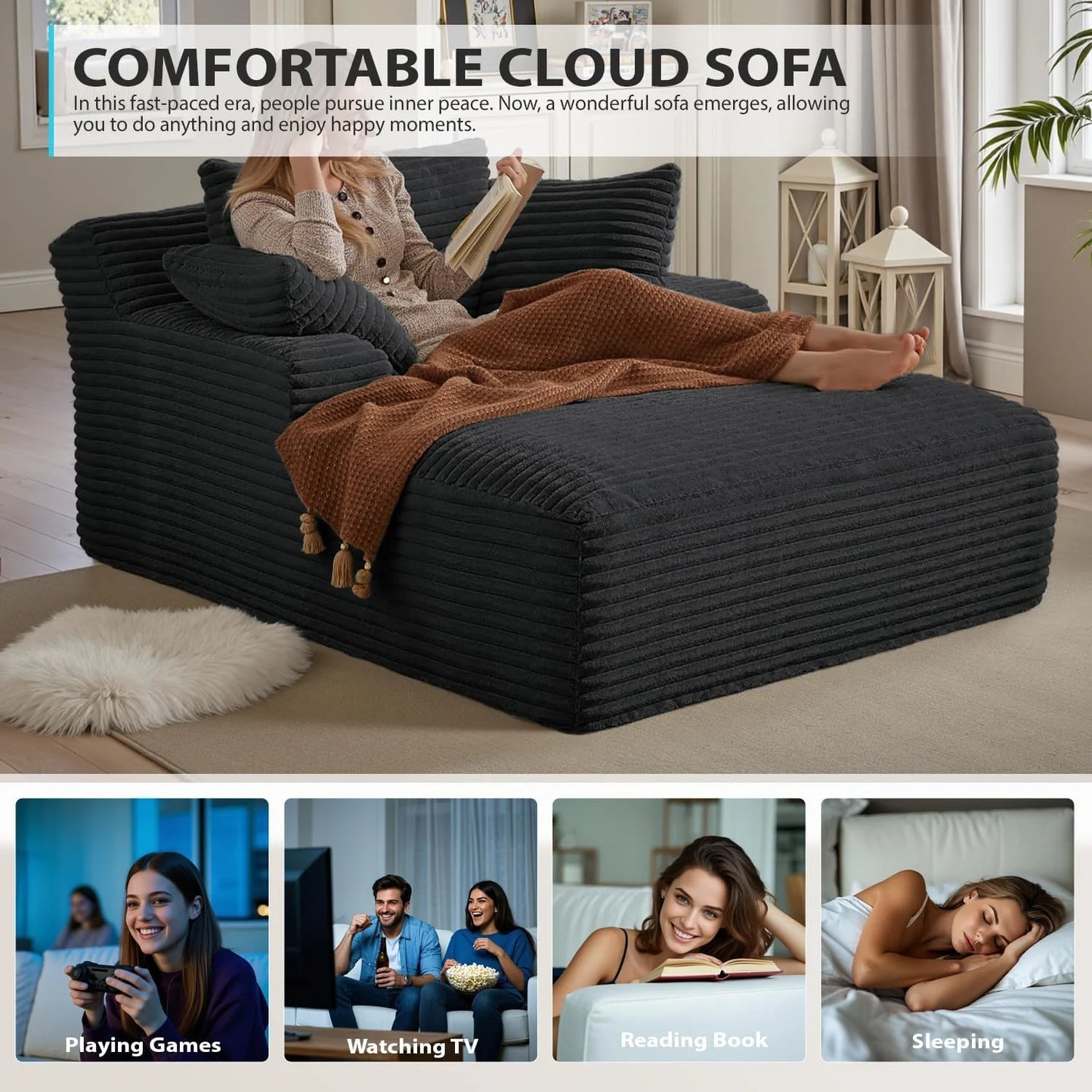 50-inch indoor recliner, oversized corduroy upholstered boneless sofa bed, deep sleeper sofa reading chair, cloud sofa, living room sofa