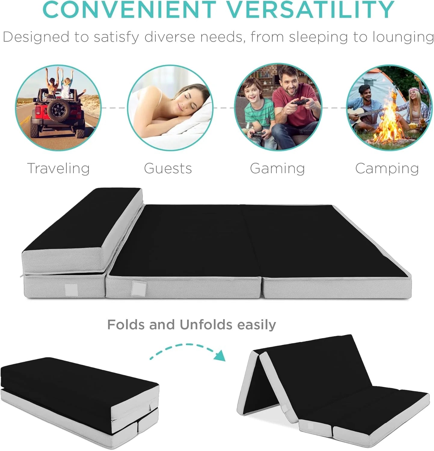 4in Portable Queen-Size Mattress, Tri-Fold Mattress for Camping, Guest, Toddler