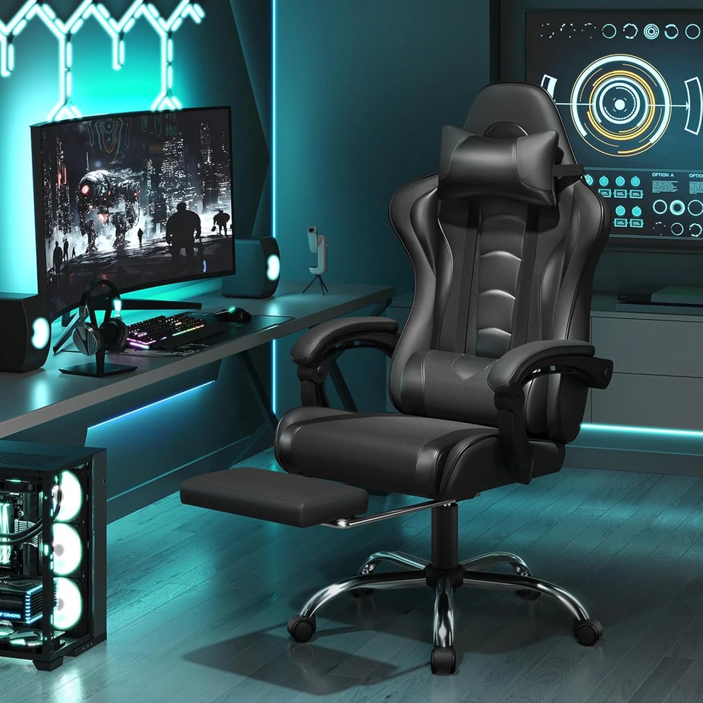 Gaming Chair with Massage Lumbar Support and Footrest Height Office Gaming Chair