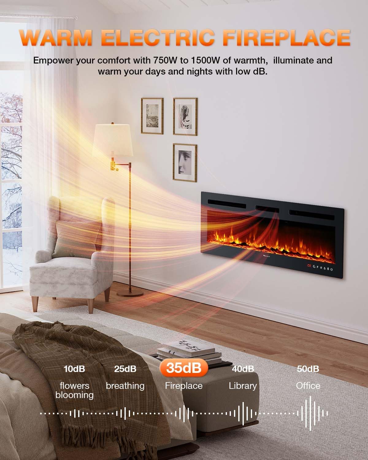 Electric Fireplace 60Inch,Wall Mounted Electric Fireplace Heater with Timer Inserts，TV Stand Touch Screen and Realistic Flame,Log Set,Crystal Flames 750 to 1500W，Remote for Living Room
