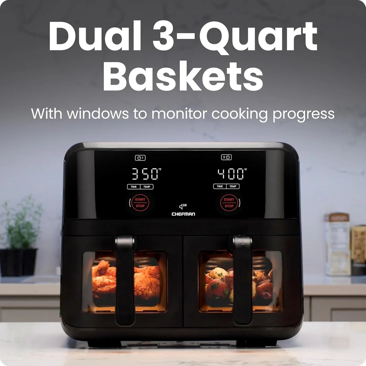 Chefman 6-Quart Double Basket Air Fryer with Easy View Window uses two separate 3-quart nonstick pans.