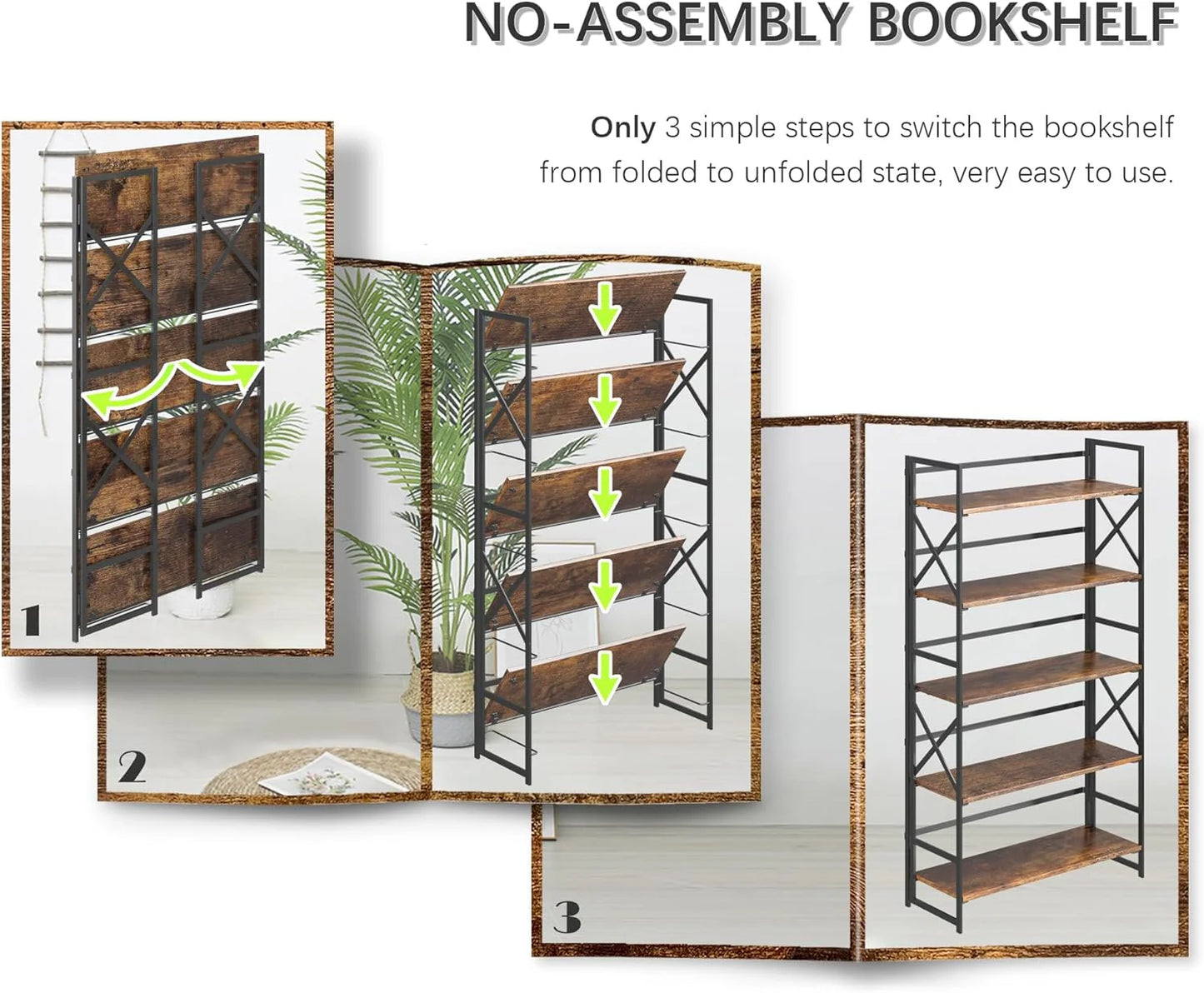 5 Tiers No Assembly Book Shelves 51.2" H Folding Bookshelf Bookcase