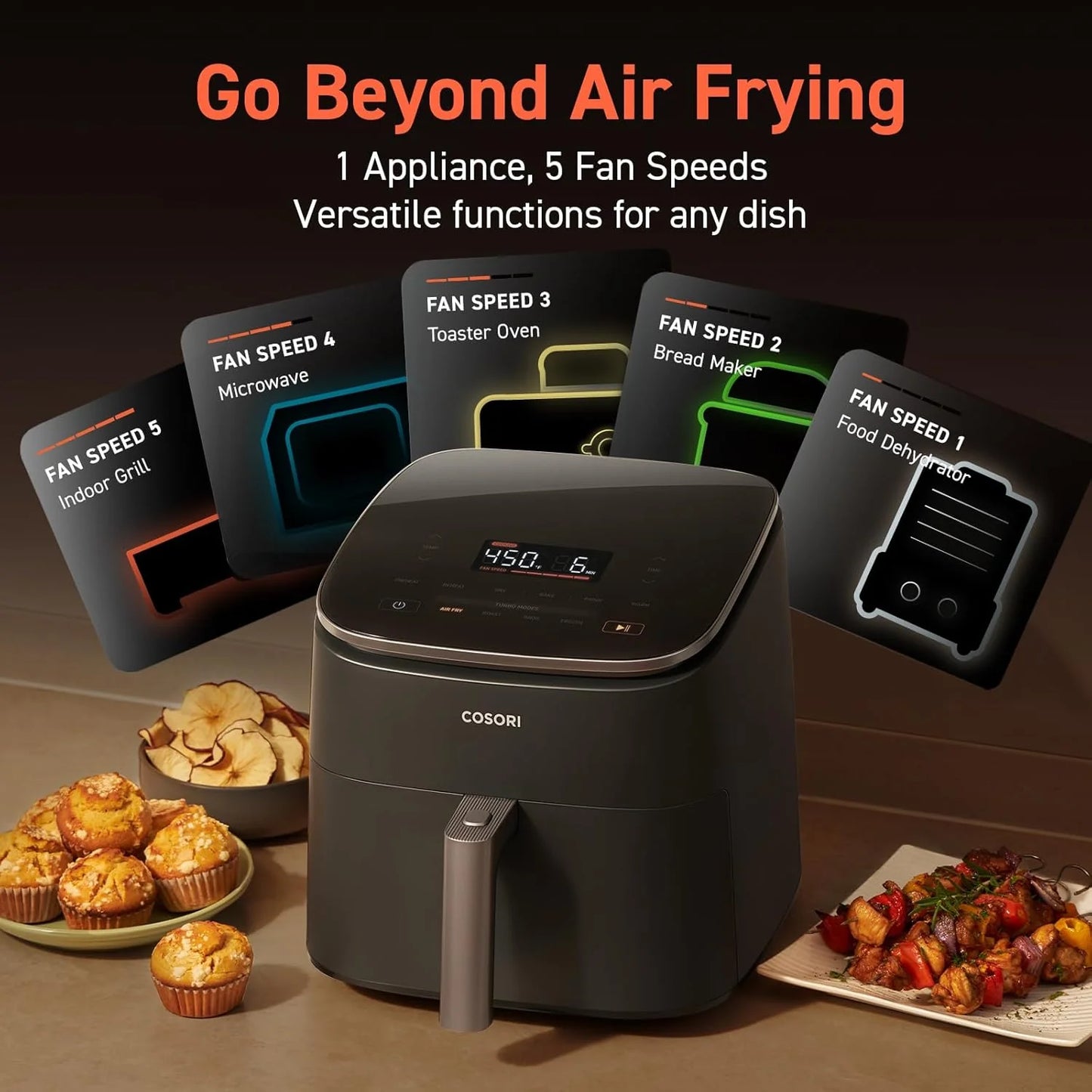 COSORI Air Fryer 9-in-1, Compact & Large 6-Qt, Fast Turbo Modes, 90–450°F Precise Heat for Even Results, Up to 95% Less Oil*, Roast, Bake, Dry, Reheat, Frozen, Broil, Proof, 120V, TurboBlaze, Grey