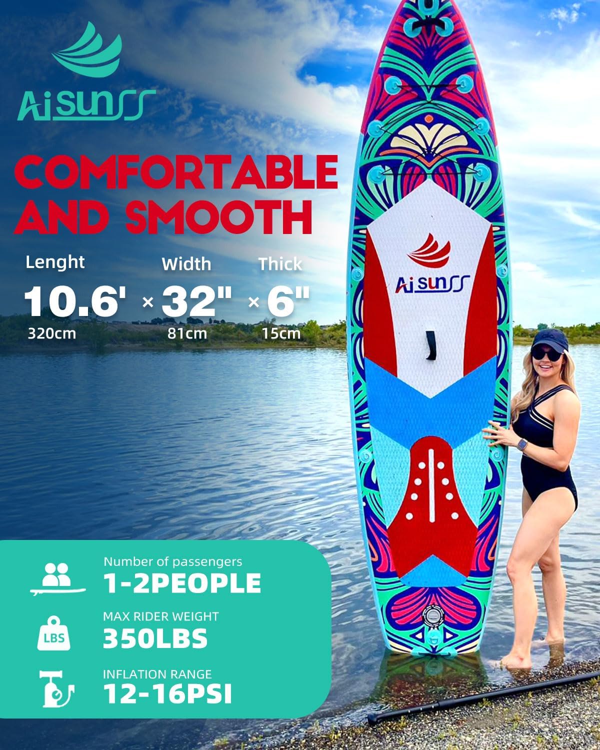Inflatable wide SUP board with SUP carrying bag, hand pump, 10L waterproof bag and adjustable paddle