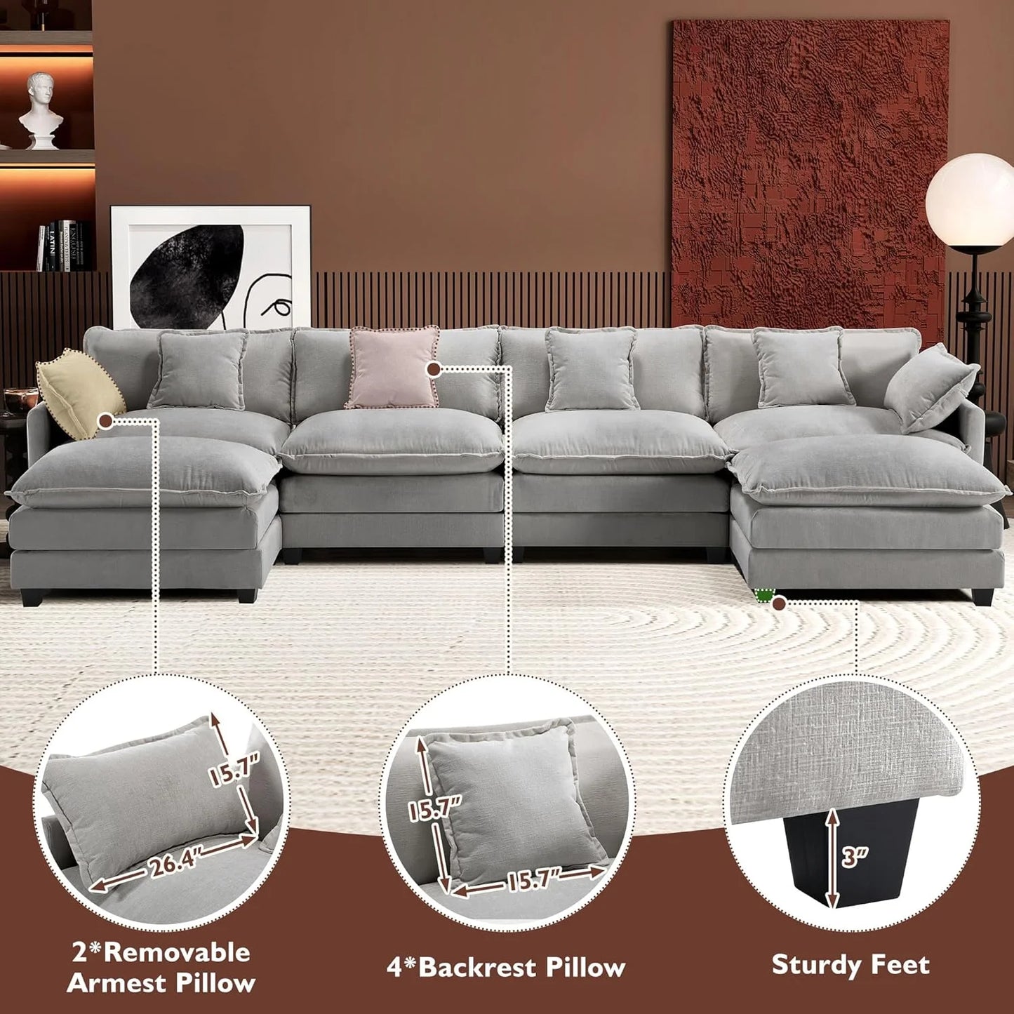 111.4 Inch L-Shaped Modern Sofa Modular Cloud Sofa with Ottoman, 4-Seater Chenille Deep Seat Sofa with Pillows for Living Room, Bedroom and Apartment, Beige