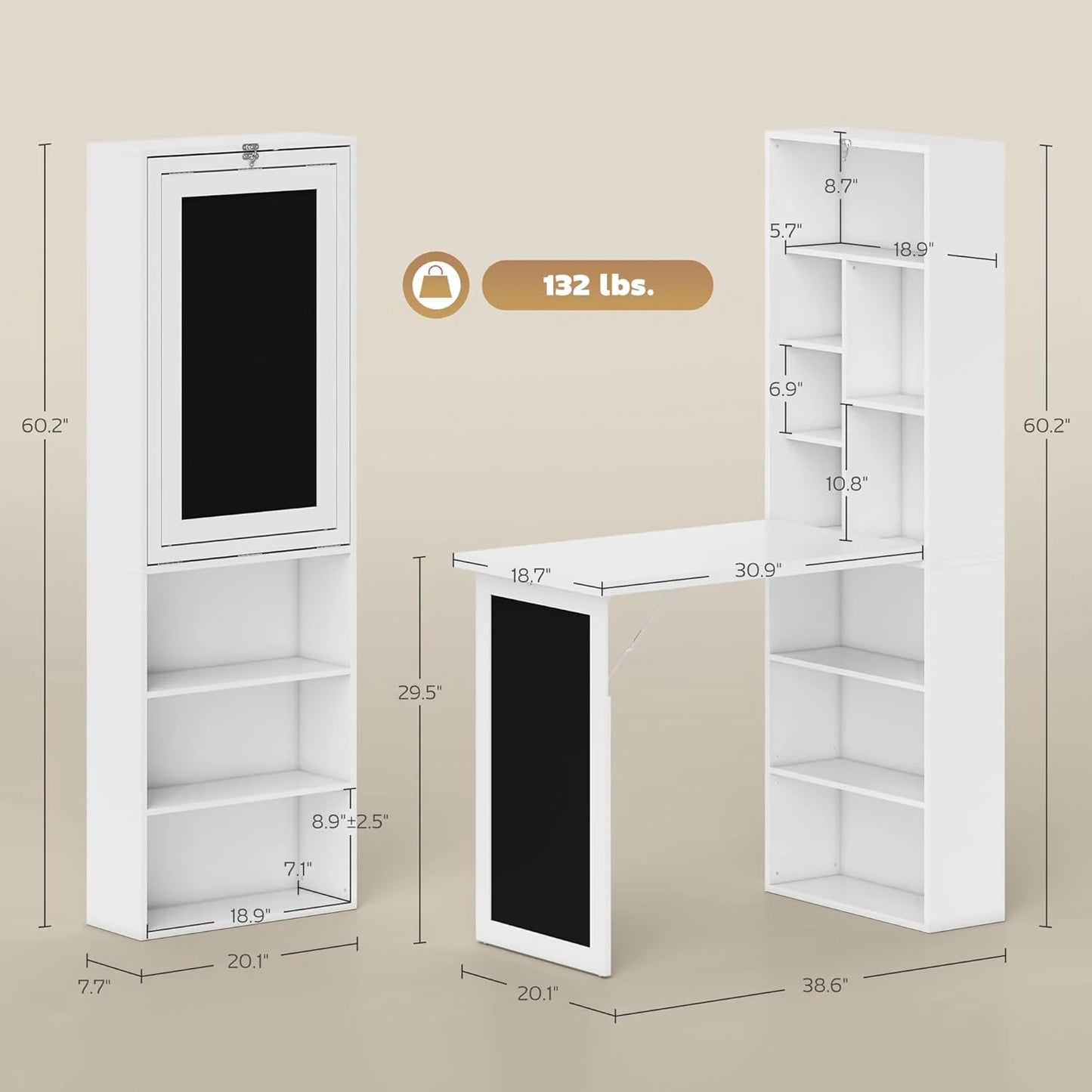 Folding convertible writing desk, wall mounted desk cabinet, multifunctional home office workstation