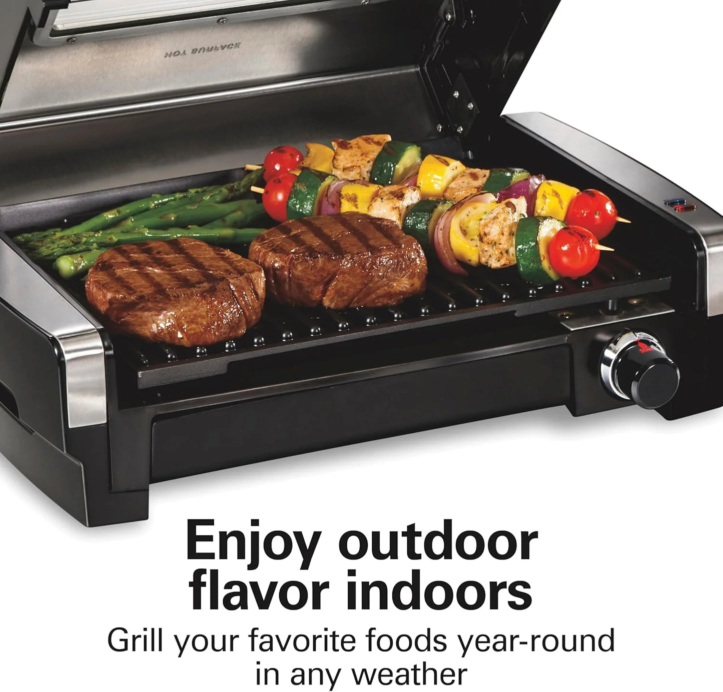 Indoor electric grill with viewing window, adjustable to 450°F, serves 6 people