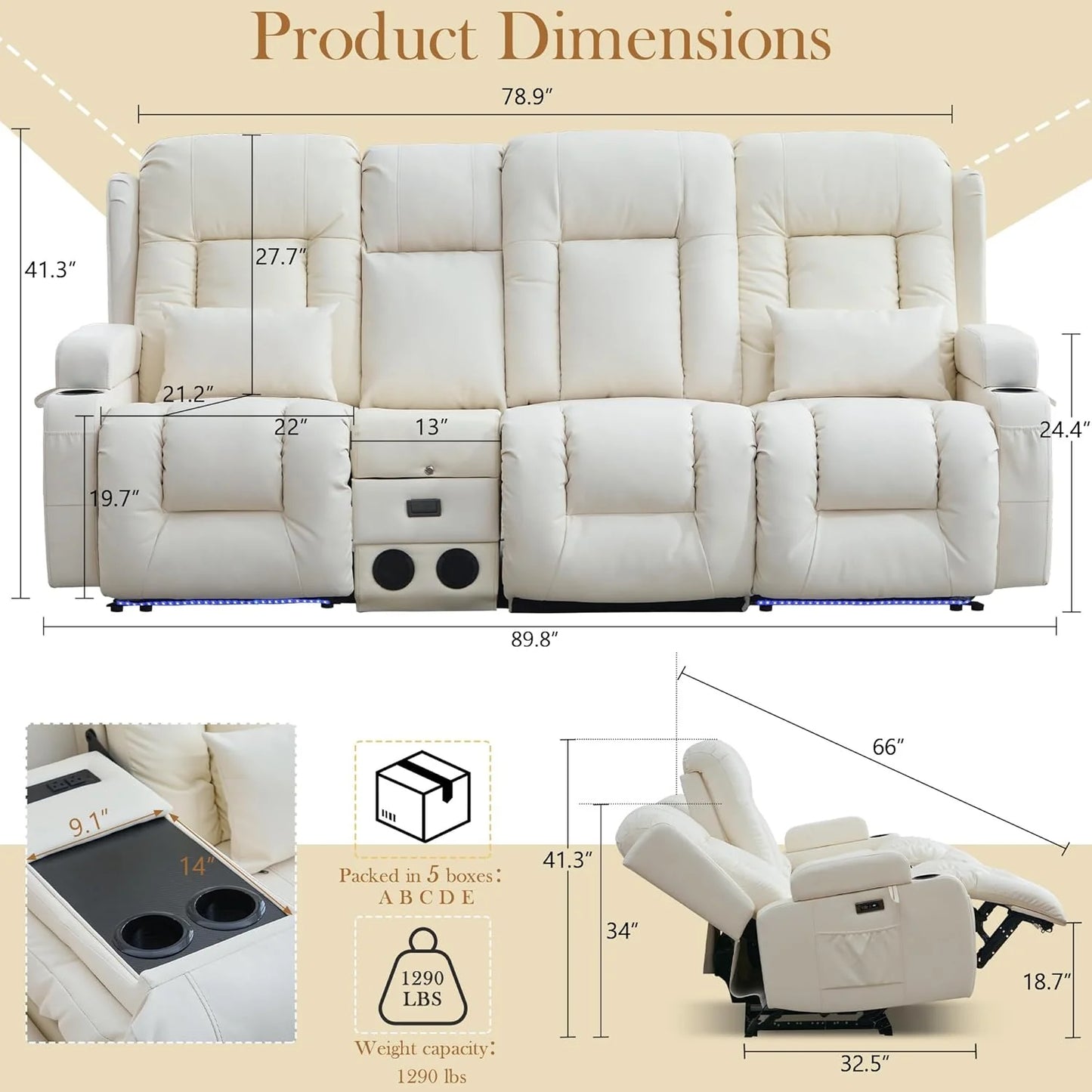 TUNYI Power Loveseat Recliner Sofa with Massage & Heat Home Theater Seating with Console Electric Recliner RV Sofa with USB/Outlet/Storage/Side Pocket/LED Light/Speaker (Brown, Loveseat)
