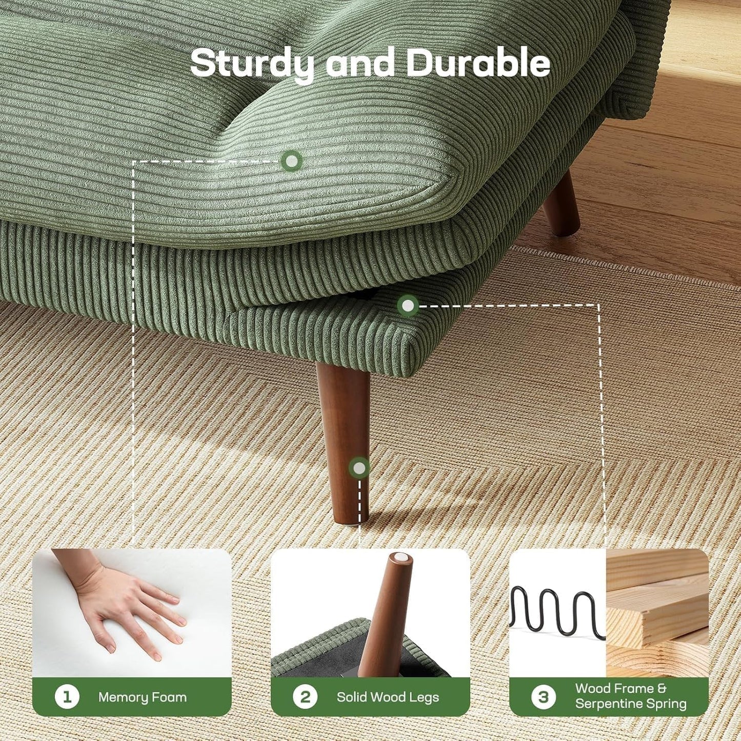 Futon Sofa Bed, Futon Sofa with Adjustable Back and Armrests, Converts to Small Sleeper Sofa Bed Corduroy Loveseat Green