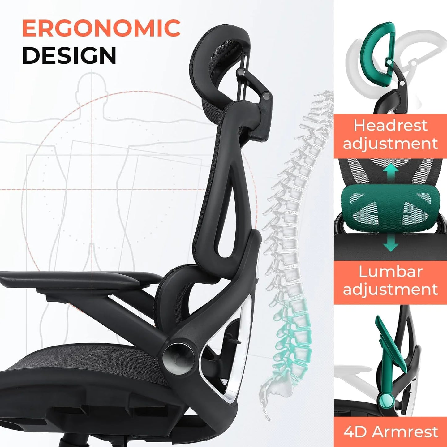 Ergonomic Mesh Office Chair with Adjustable Lumbar High Back Desk Chair 400 lbs