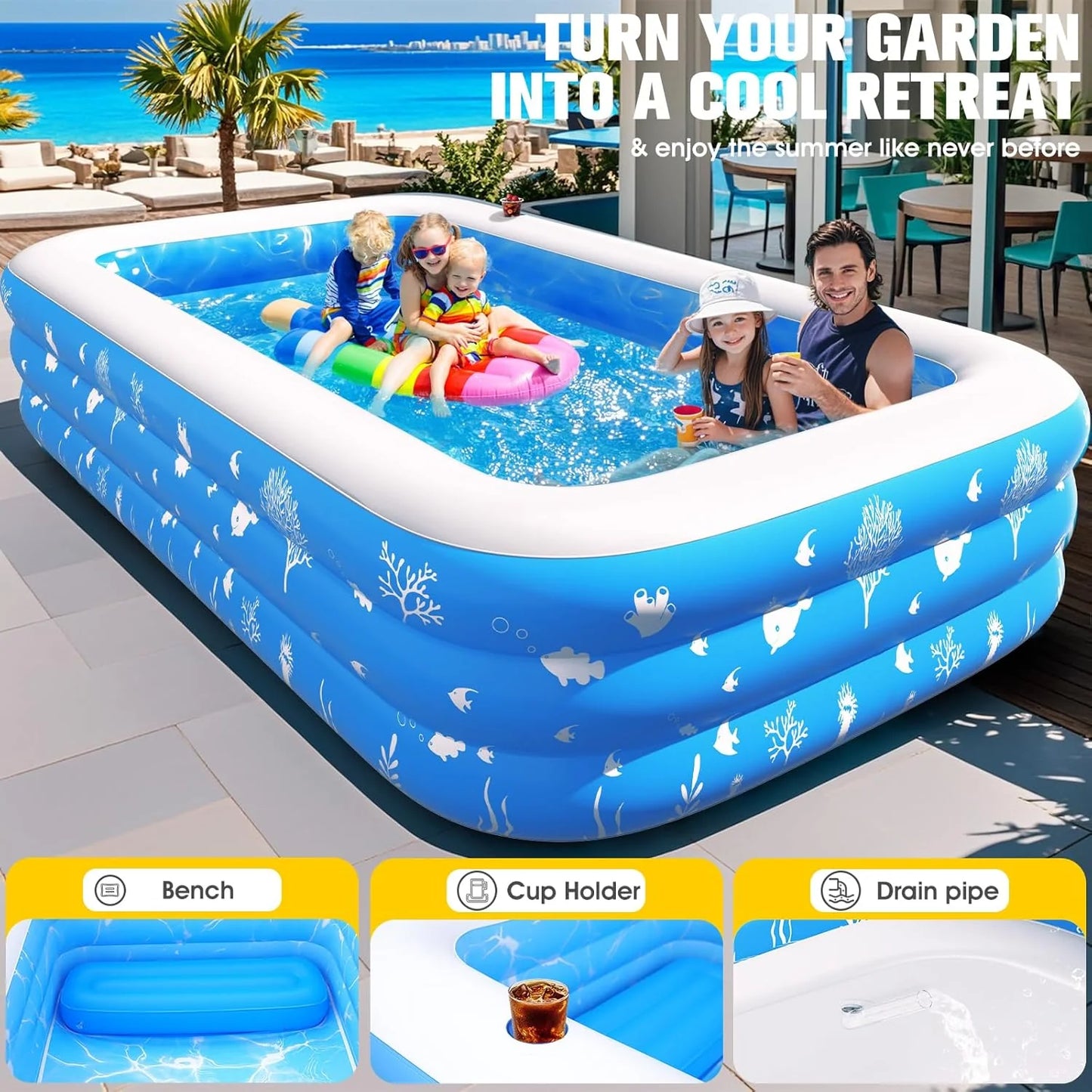 Inflatable Pool with Seat and Pool Lights, Durable Thickened Large Size Family Inflatable Pools for Adults Blow Up Pools,105" x 65" x 25"Swimming Inflatable Kids PooI for Backyard,Outdoor (White)