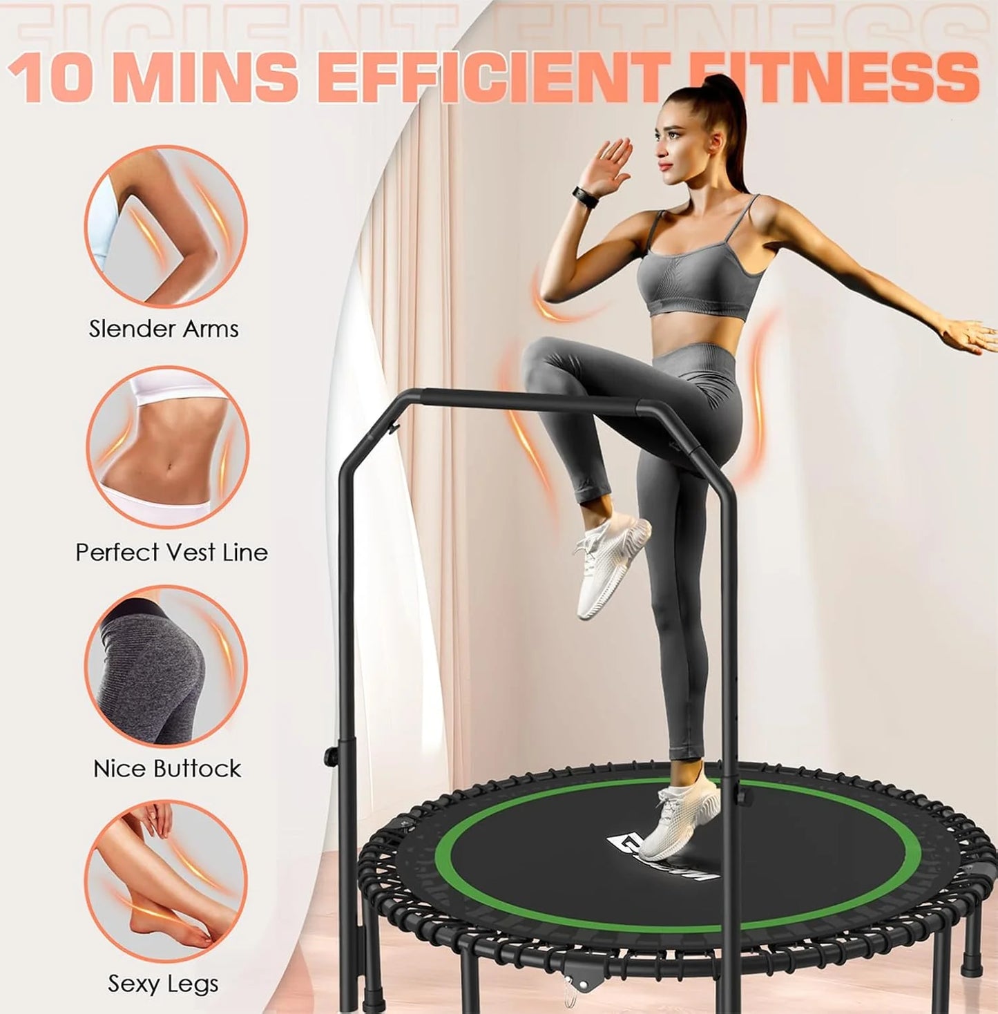 BCAN 450/550 LBS Foldable Mini Trampoline, 40"/48" Fitness Trampoline with Bungees, U Shape Adjustable Foam Handle, Stable & Quiet Exercise Rebounder for Adults Indoor/Outdoor Workout