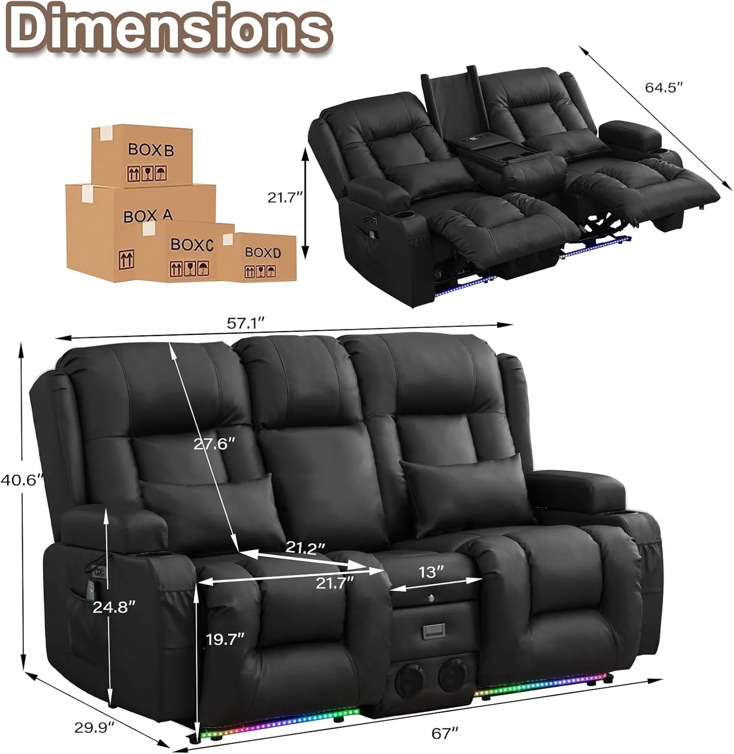 TUNYI Power Loveseat Recliner Sofa with Massage & Heat Home Theater Seating with Console Electric Recliner RV Sofa with USB/Outlet/Storage/Side Pocket/LED Light/Speaker (Brown, Loveseat)