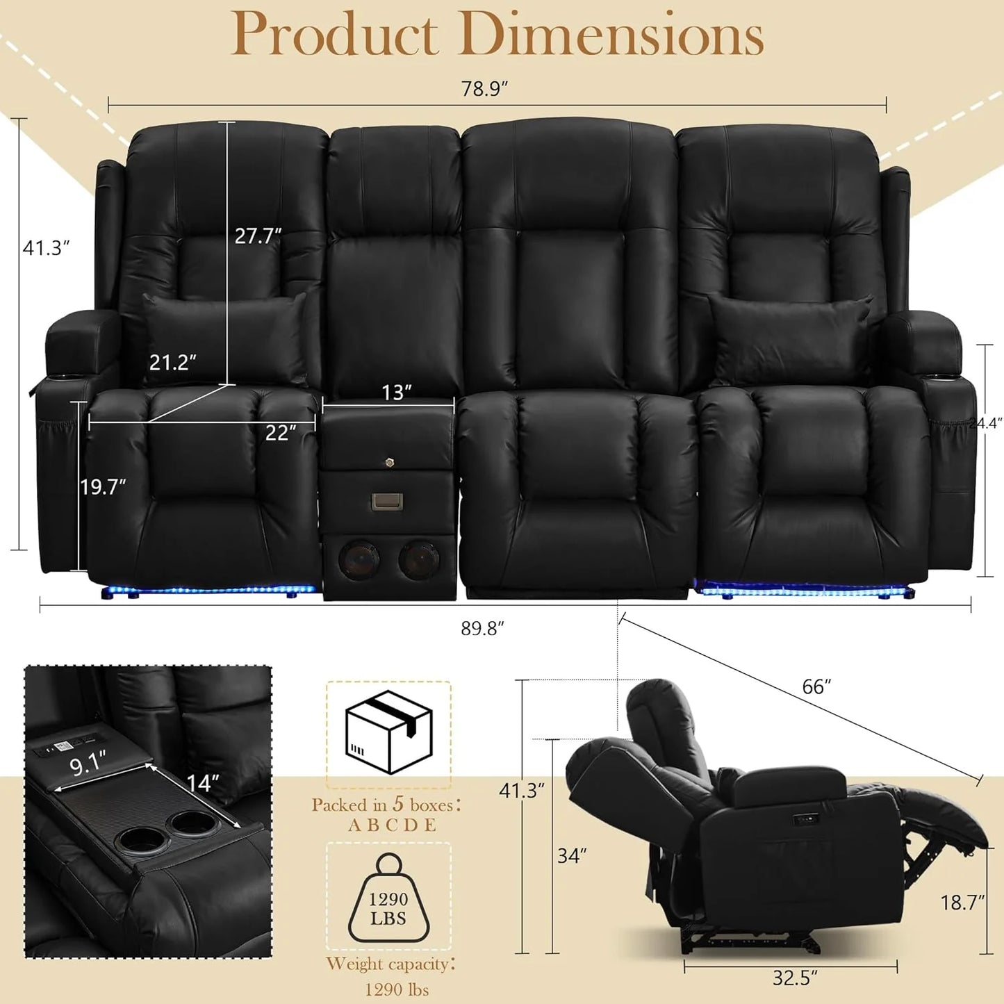 TUNYI Power Loveseat Recliner Sofa with Massage & Heat Home Theater Seating with Console Electric Recliner RV Sofa with USB/Outlet/Storage/Side Pocket/LED Light/Speaker (Brown, Loveseat)