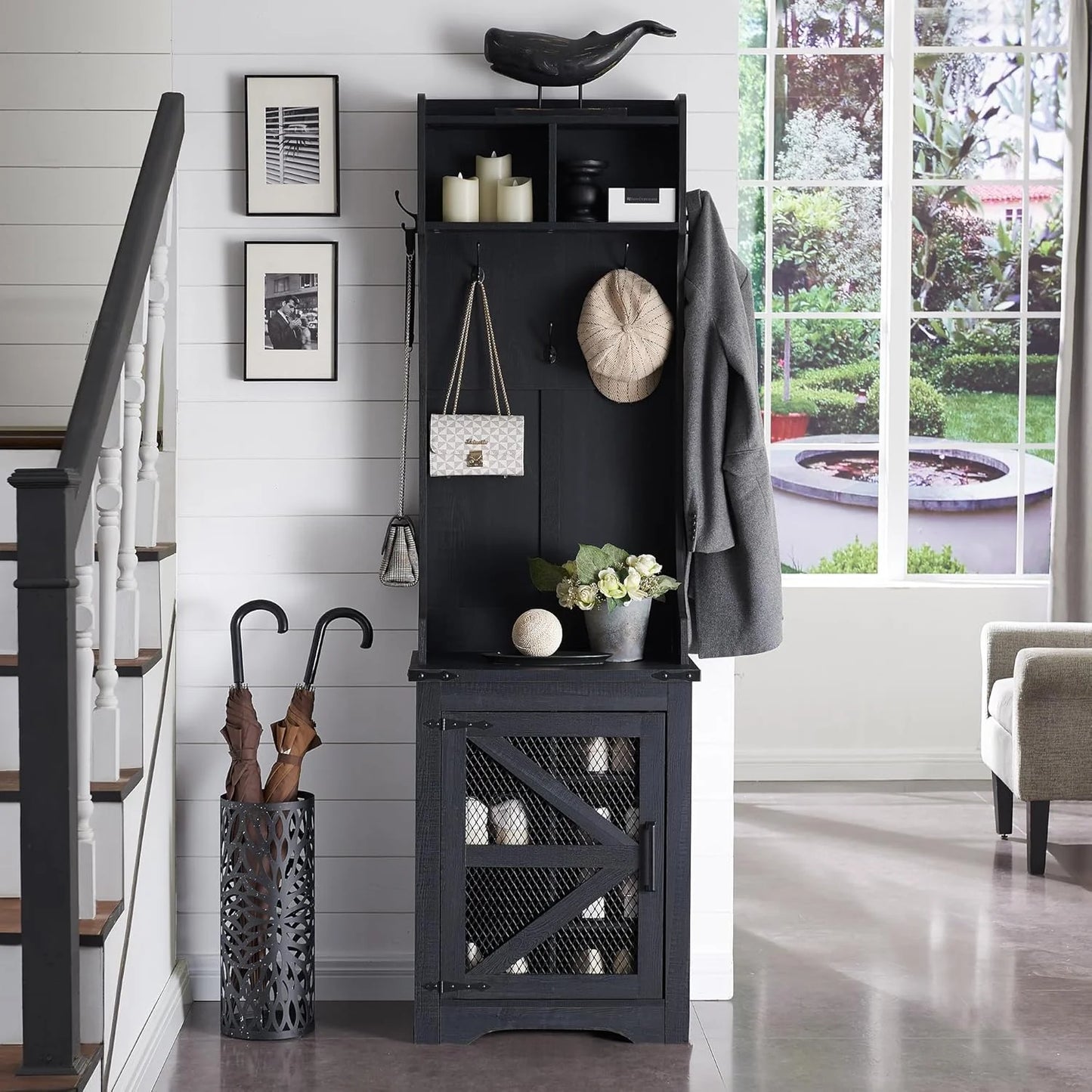 JXQTLINGMU 59-inch Farmhouse Foyer Tree with Shoe Storage, Entryway Bench Foyer Coat Rack Cabinet