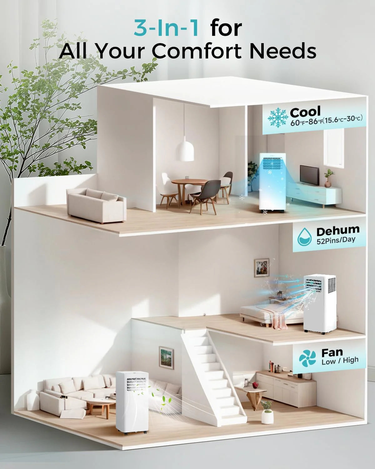 8,000 BTU Portable Air Conditioner - 3-in-1 AC Unit with Remote Control, Ultra-Quiet Cooling for Rooms up to 350 sq. ft., 24H Timer, Sleep Mode