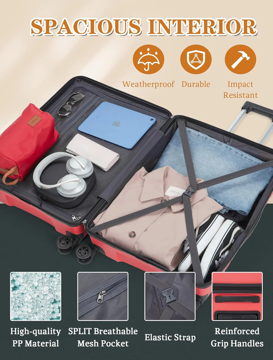 5-piece luggage set with wheels, ABS hardshell suitcase with spinner wheels