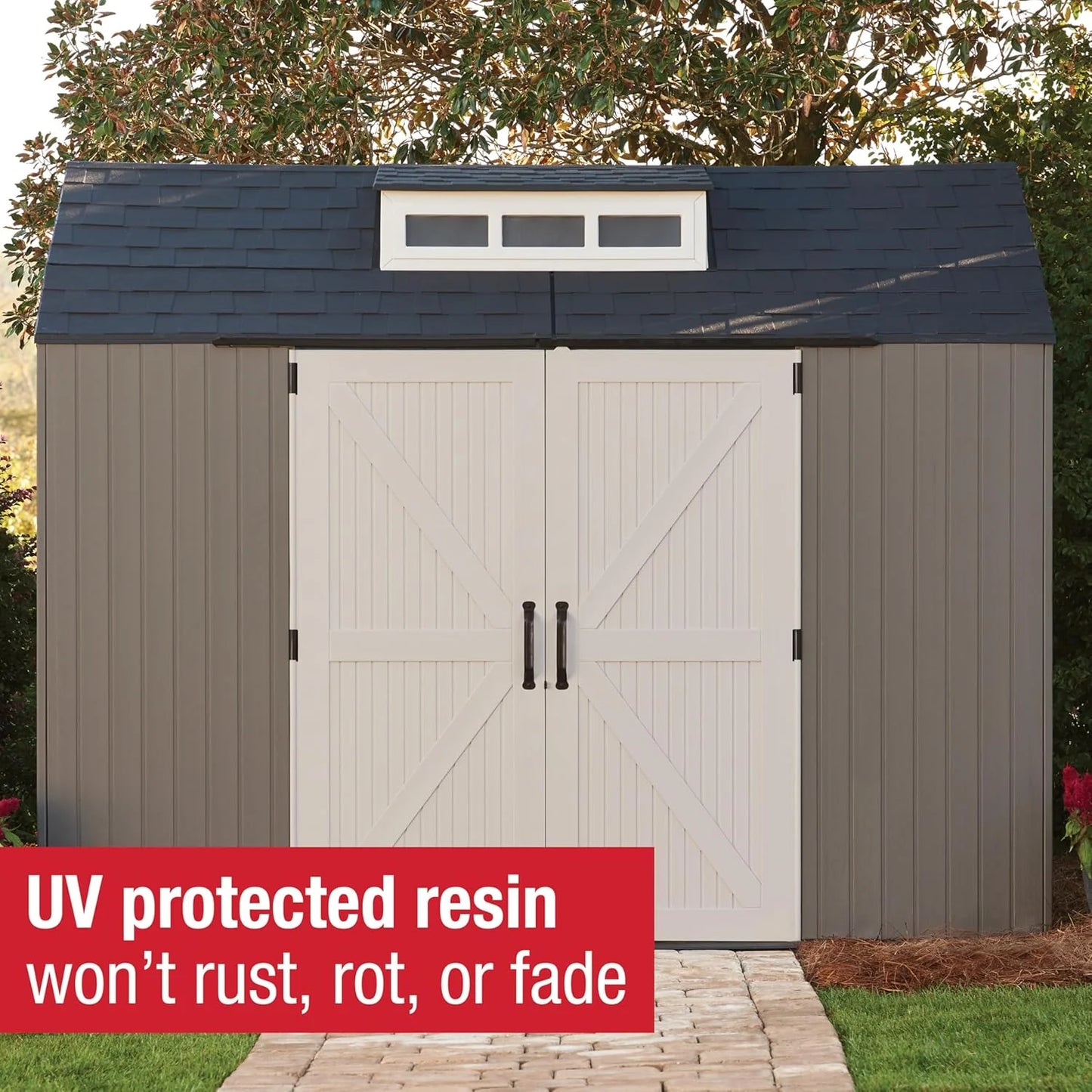 Rubbermaid Resin Outdoor Storage Shed With Floor (7 x 7 Ft) Weather Resistant Gray Organization for Home/Backyard/Garden Tools/Lawn Mower/Bike Storage/Pool Supplies