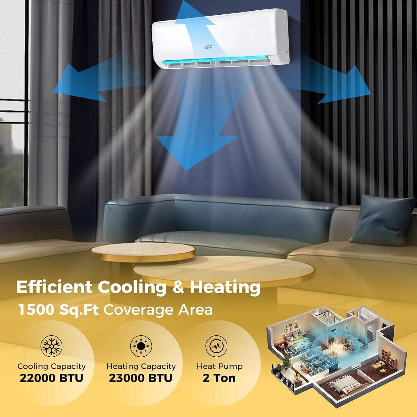 COSTWAY 12000BTU Mini Split Air Conditioner& Heater, 20 SEER2 115V Wall-Mounted Ductless AC Unit Cools Rooms up to 750 Sq. Ft, Energy Efficient Inverter AC with Heat Pump (Blast Series)