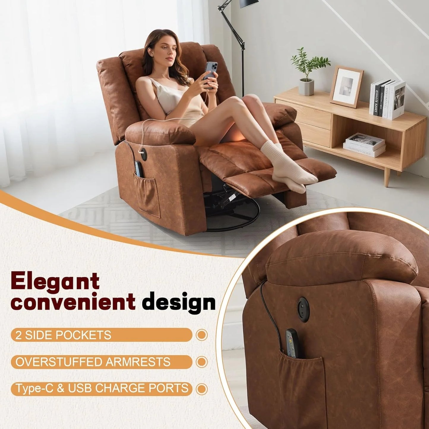 Adult rocking chair, gliding recliner, 360° rotating rocking chair with massage and heating function