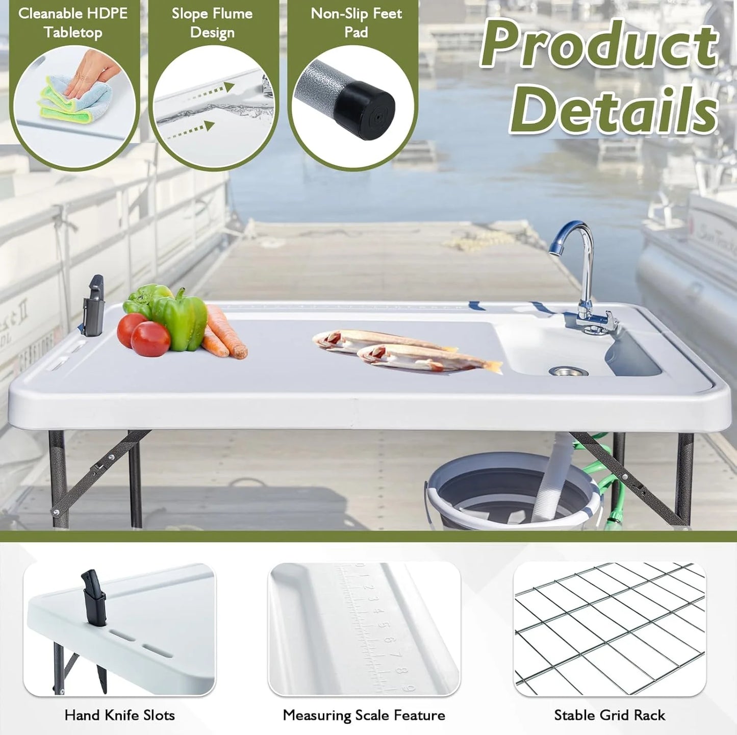 Folding Fish Cleaning Table Portable Camping Sink Table with Faucet Drain Hose and Sprayer Outdoor Fish Fillet Cleaning Station