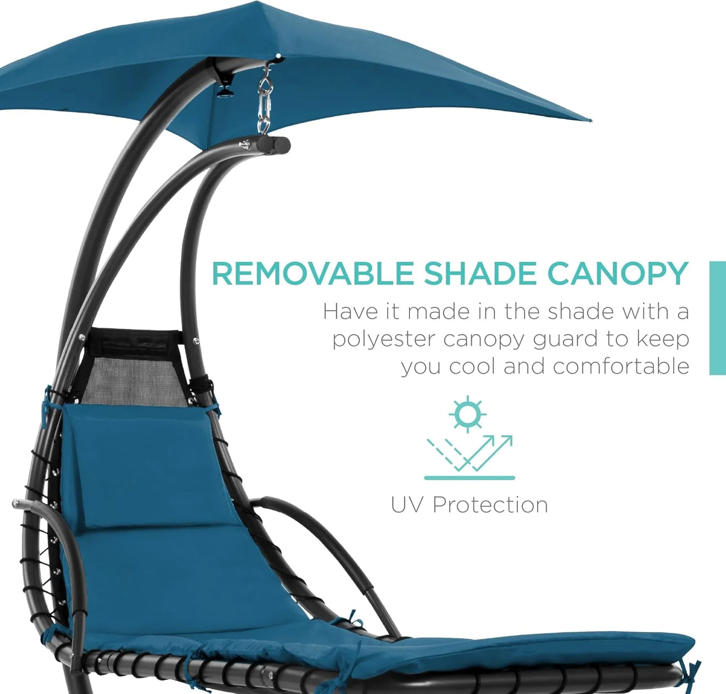 Best Choice Products Outdoor Hanging Curved Steel Chaise Lounge Chair Swing w/Built-in Pillow and Removable Canopy - Teal