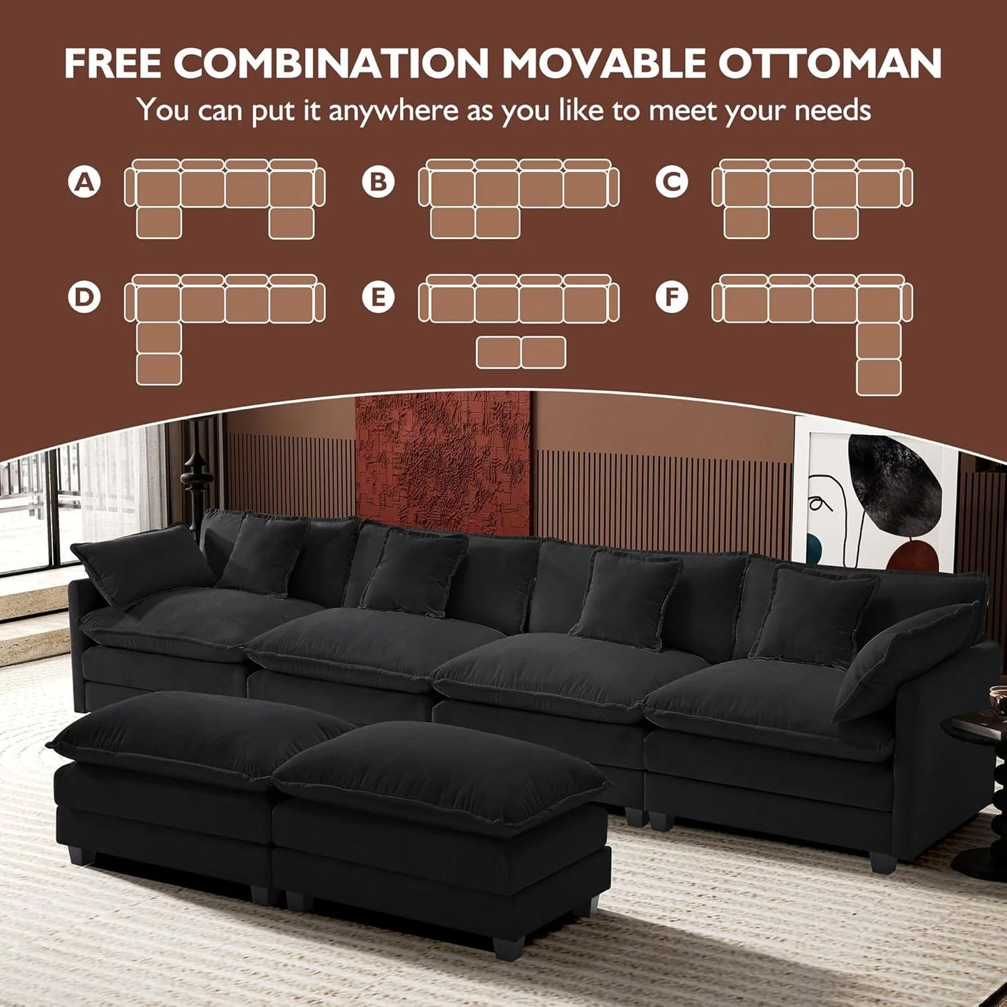 111.4 Inch L-Shaped Modern Sofa Modular Cloud Sofa with Ottoman, 4-Seater Chenille Deep Seat Sofa with Pillows for Living Room, Bedroom and Apartment, Beige