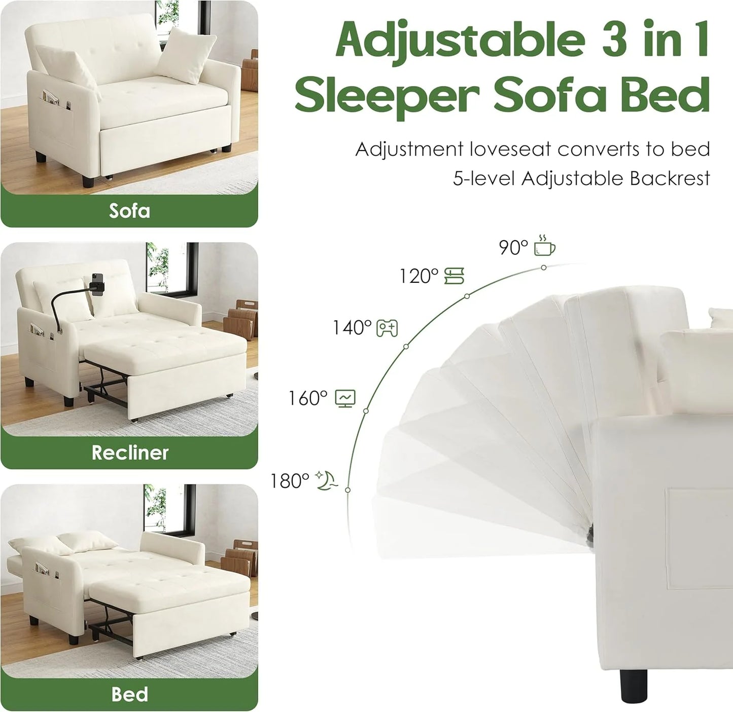 Sleeper Sofa Bed, 3 in 1 Convertible Sleeper Couch Bed Pull Out, Small Loveseat Sofa, Futon Sofa Bed Full Size, 46" Velvet Love Seat