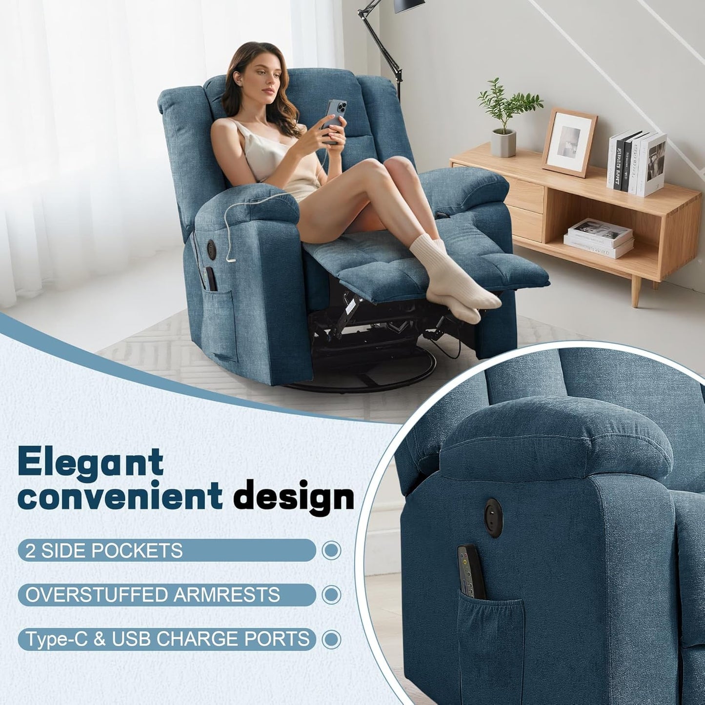 Adult rocking chair, gliding recliner, 360° rotating rocking chair with massage and heating function