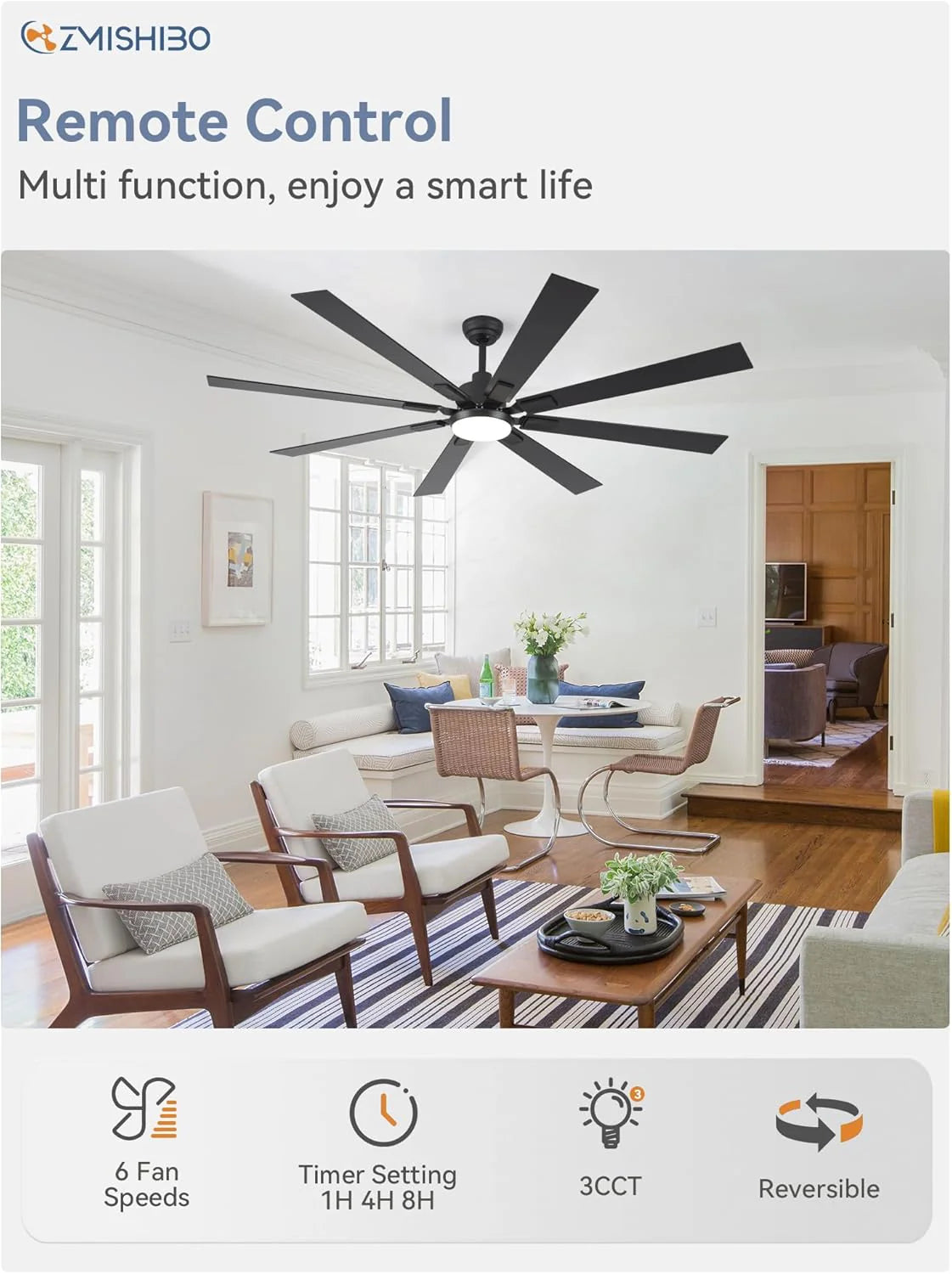 Zmishibo 72-inch large ceiling fan with lighting and remote indoor/outdoor