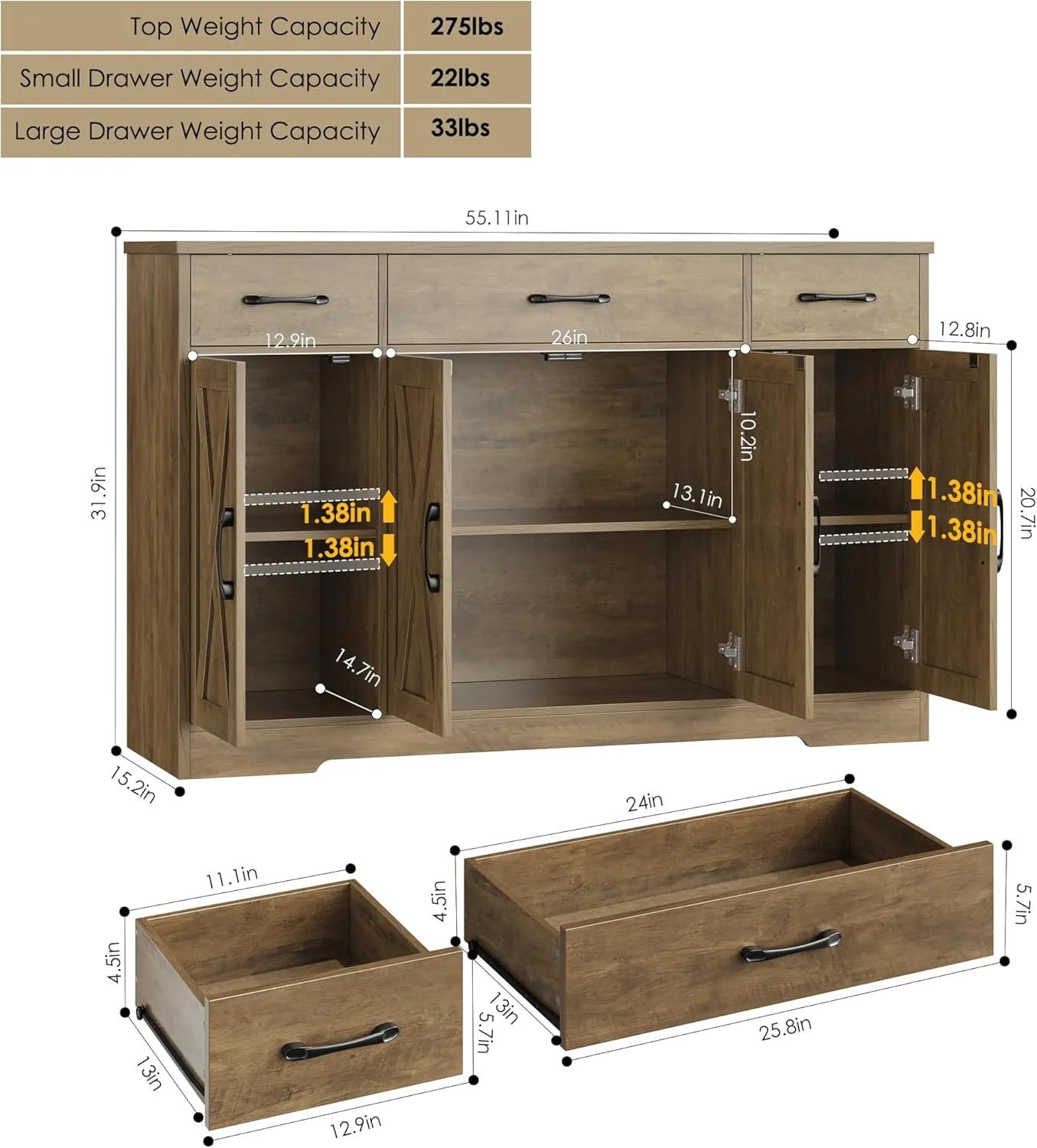 Sideboard with drawers, large 55-inch sideboard, sideboard storage with shelves and doors, modern farmhouse coffee bar wood kitchen dining table