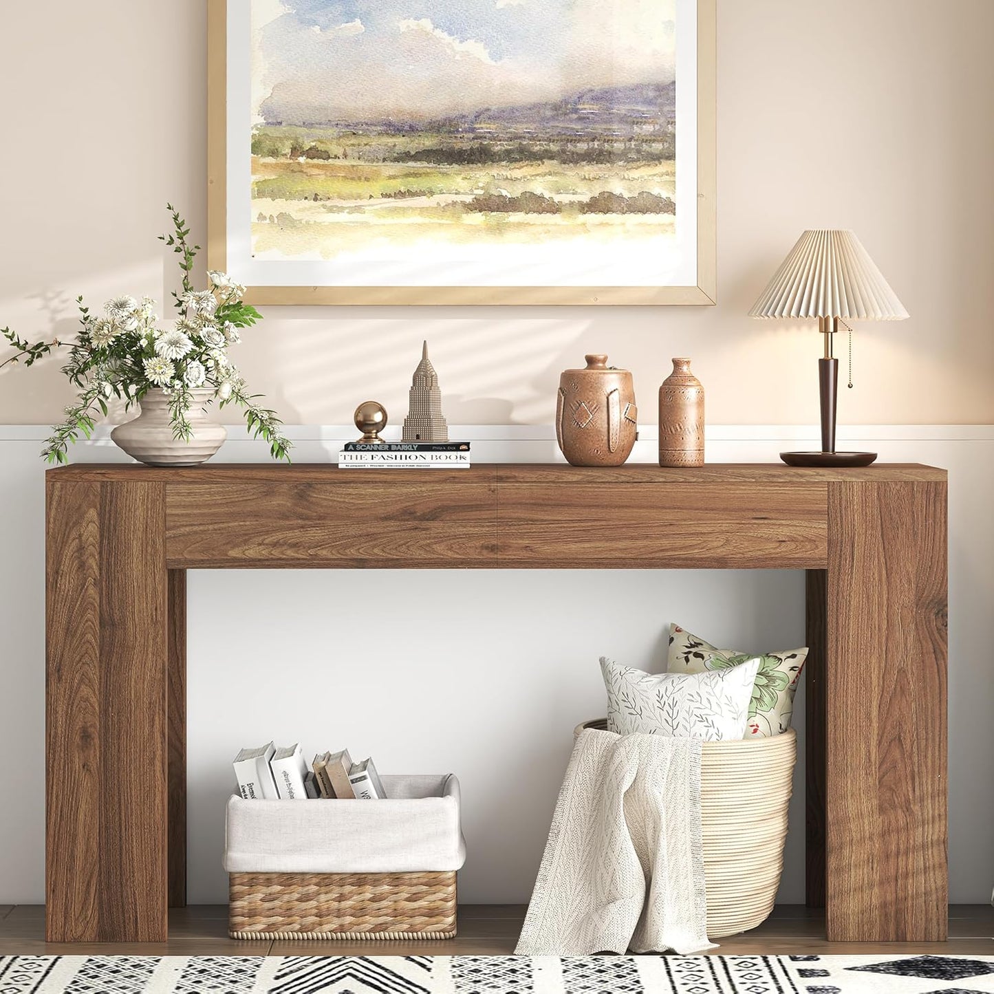 63-Inch Long Console Table with LED Light Farmhouse Sofa Table Behind Couch