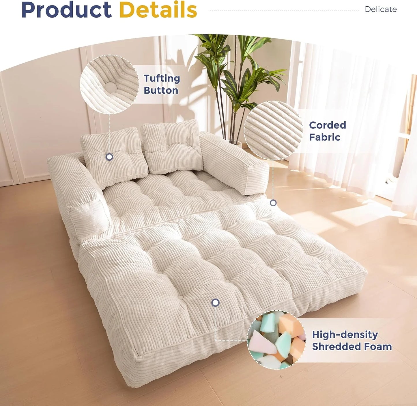 Folding Sofa Bed, L-Shaped Convertible Sofa Bed with Armrests and Pillows,