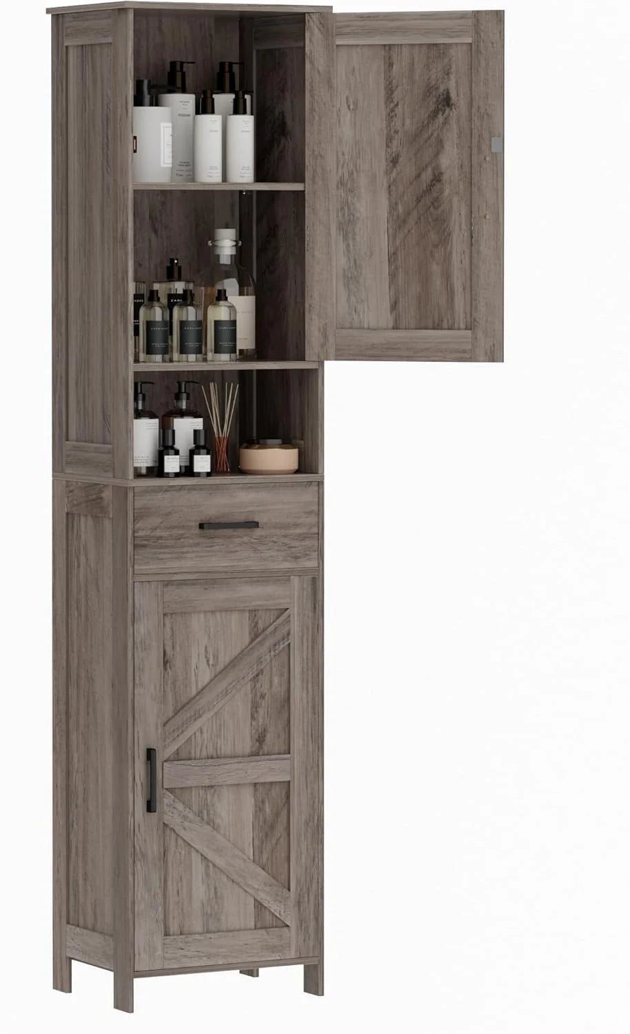 Homhedy 67" H Tall Bathroom Storage Cabinet with 2 Barn Doors and 1 Drawer, Narrow Storage Unit, Adjustable Shelves, Floor Cabinet for Bathroom, Living Room, Entryway, Kitchen, White, (15.7" W)