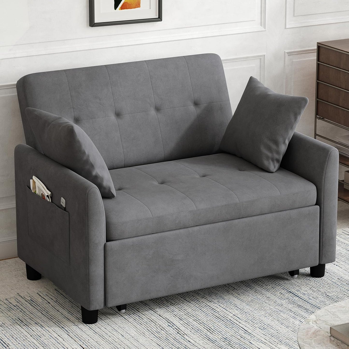 Sleeper Sofa Bed, 3 in 1 Convertible Sleeper Couch Bed Pull Out, Small Loveseat Sofa, Futon Sofa Bed Full Size, 46" Velvet Love Seat