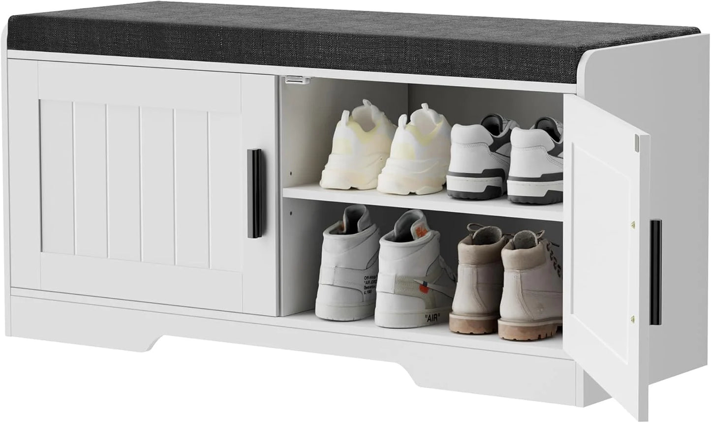 2-Tier Storage Bench, Shoe Bench with Thickened Padded Seat Cushion, Entryway Bench with 4 Doors, Adjustable Shelf
