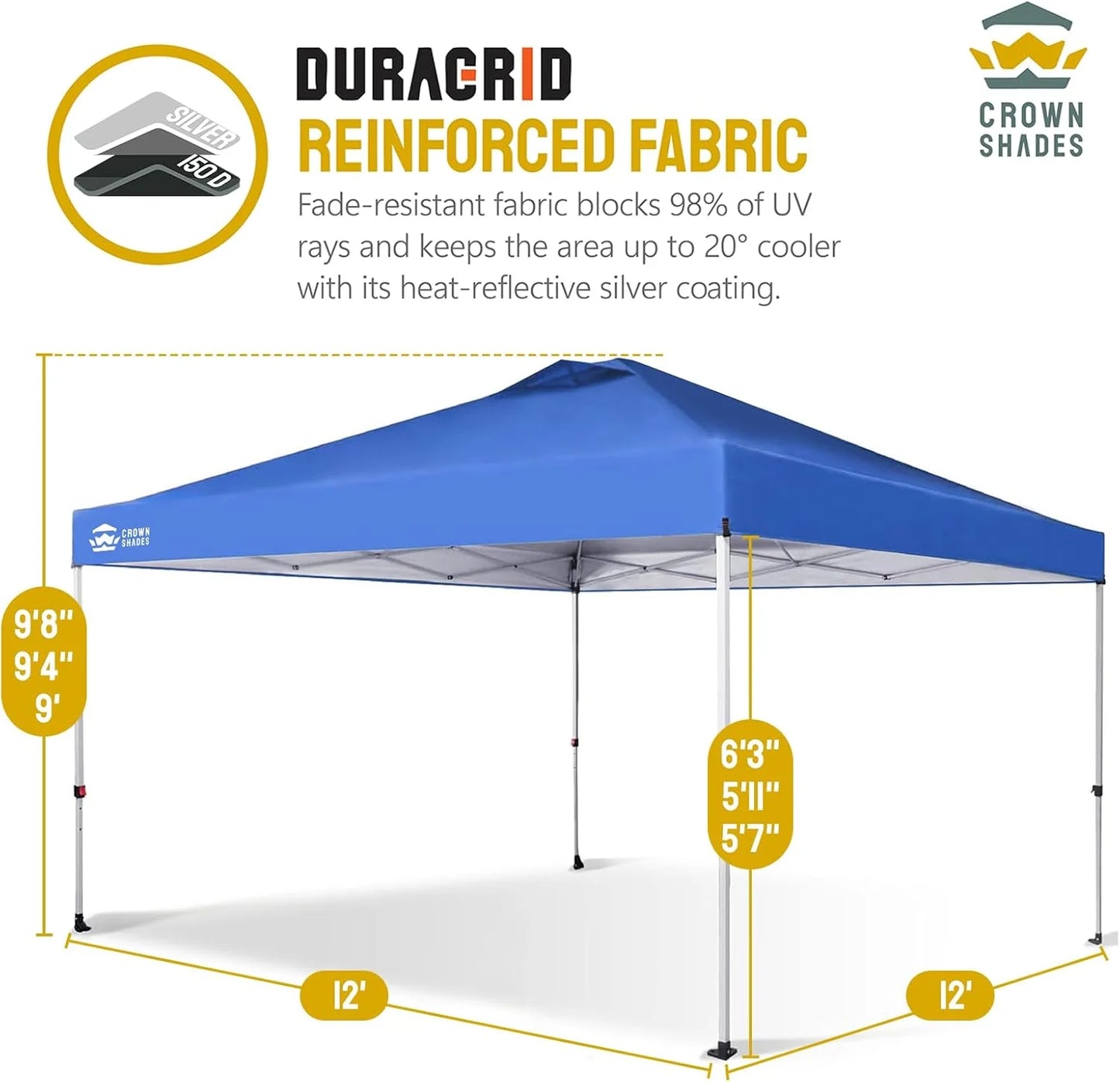 10x10 Pop-Up Awning - One-Click Installation Beach Tent - Outdoor Sunshade Silver Coated Top, 3 Heights and 4 Sand Pockets