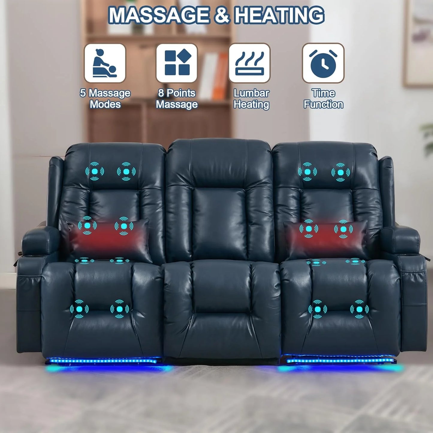 TUNYI Power Loveseat Recliner Sofa with Massage & Heat Home Theater Seating with Console Electric Recliner RV Sofa with USB/Outlet/Storage/Side Pocket/LED Light/Speaker (Brown, Loveseat)