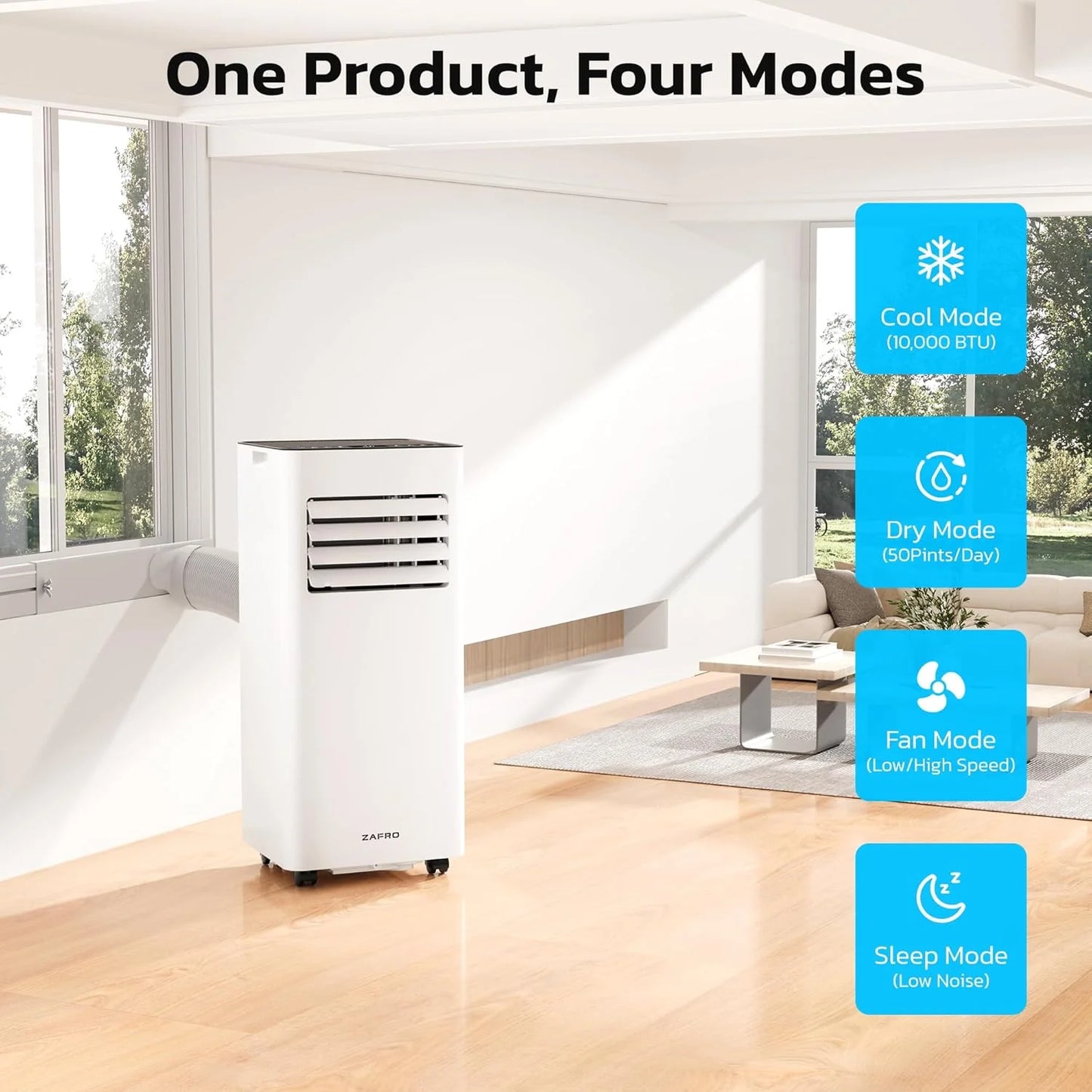 ZAFRO 8,000 BTU Portable Air Conditioners, 4 Modes Portable AC Unit with Fast Cooling/Energy Efficient/Remote/24Hrs Timer for Bedroom/Dorms/Indoor Rooms, White