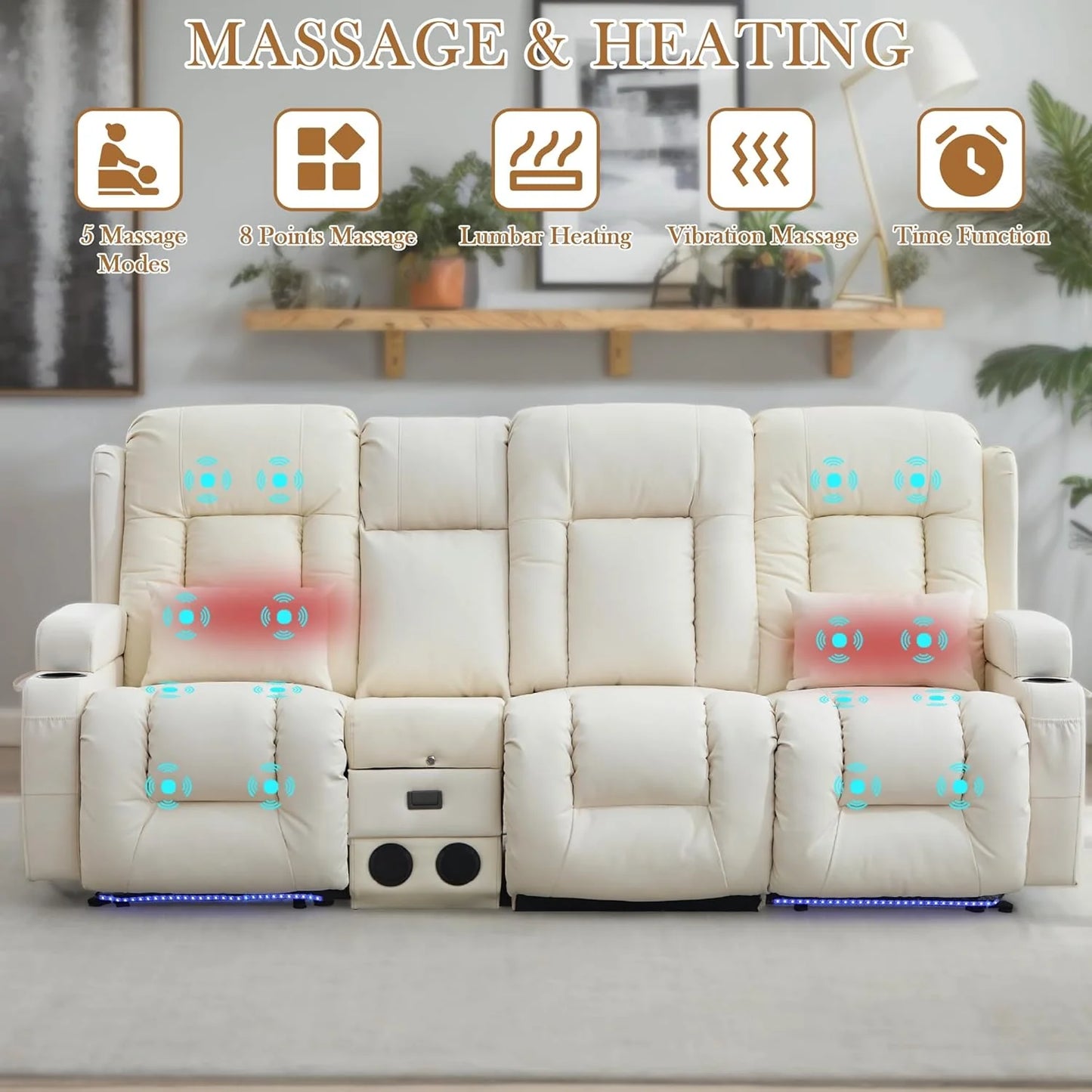 TUNYI Power Loveseat Recliner Sofa with Massage & Heat Home Theater Seating with Console Electric Recliner RV Sofa with USB/Outlet/Storage/Side Pocket/LED Light/Speaker (Brown, Loveseat)