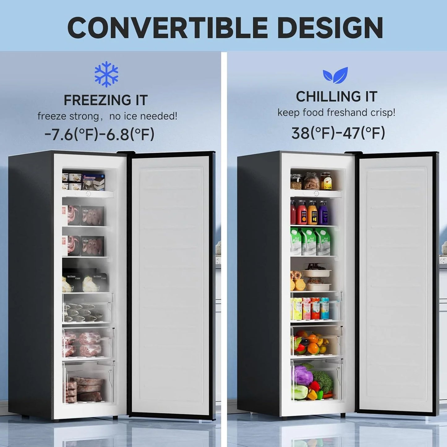 BANGSON Upright Freezer, 7.0 Cu.ft Stand Up Freezer, Convertible Upright Freezer/Refrigerator, Single Door for Kitchen,Garage, Office, Apartment, Silver