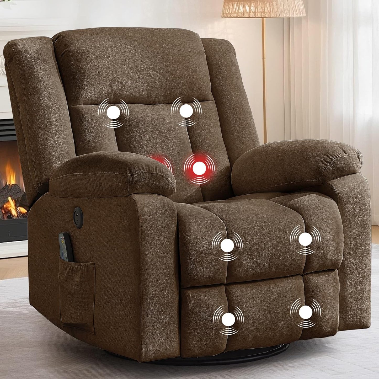 Adult rocking chair, gliding recliner, 360° rotating rocking chair with massage and heating function