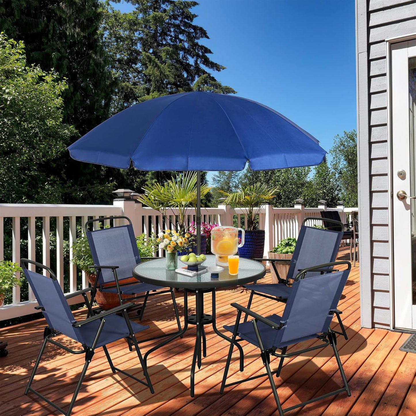 Vongrasig 6 Piece Folding Patio Dining Set,Small Metal Outdoor Garden Patio Table and Chair Set w/Umbrella for Lawn,Deck,Backyard,Black