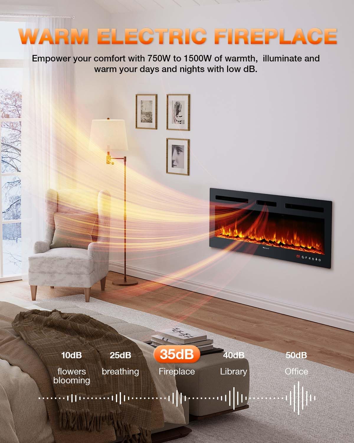 Electric Fireplace 60Inch,Wall Mounted Electric Fireplace Heater with Timer Inserts，TV Stand Touch Screen and Realistic Flame,Log Set,Crystal Flames 750 to 1500W，Remote for Living Room