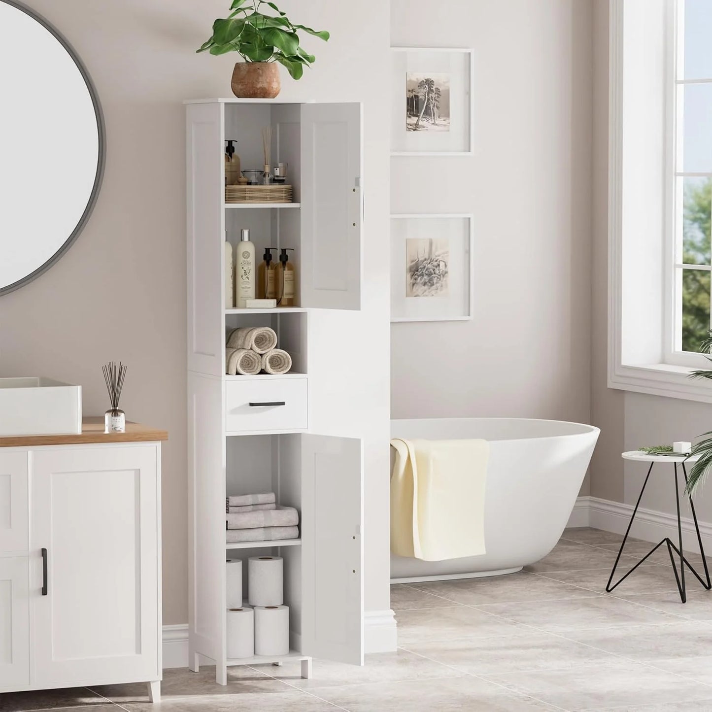 Homhedy 67" H Tall Bathroom Storage Cabinet with 2 Barn Doors and 1 Drawer, Narrow Storage Unit, Adjustable Shelves, Floor Cabinet for Bathroom, Living Room, Entryway, Kitchen, White, (15.7" W)