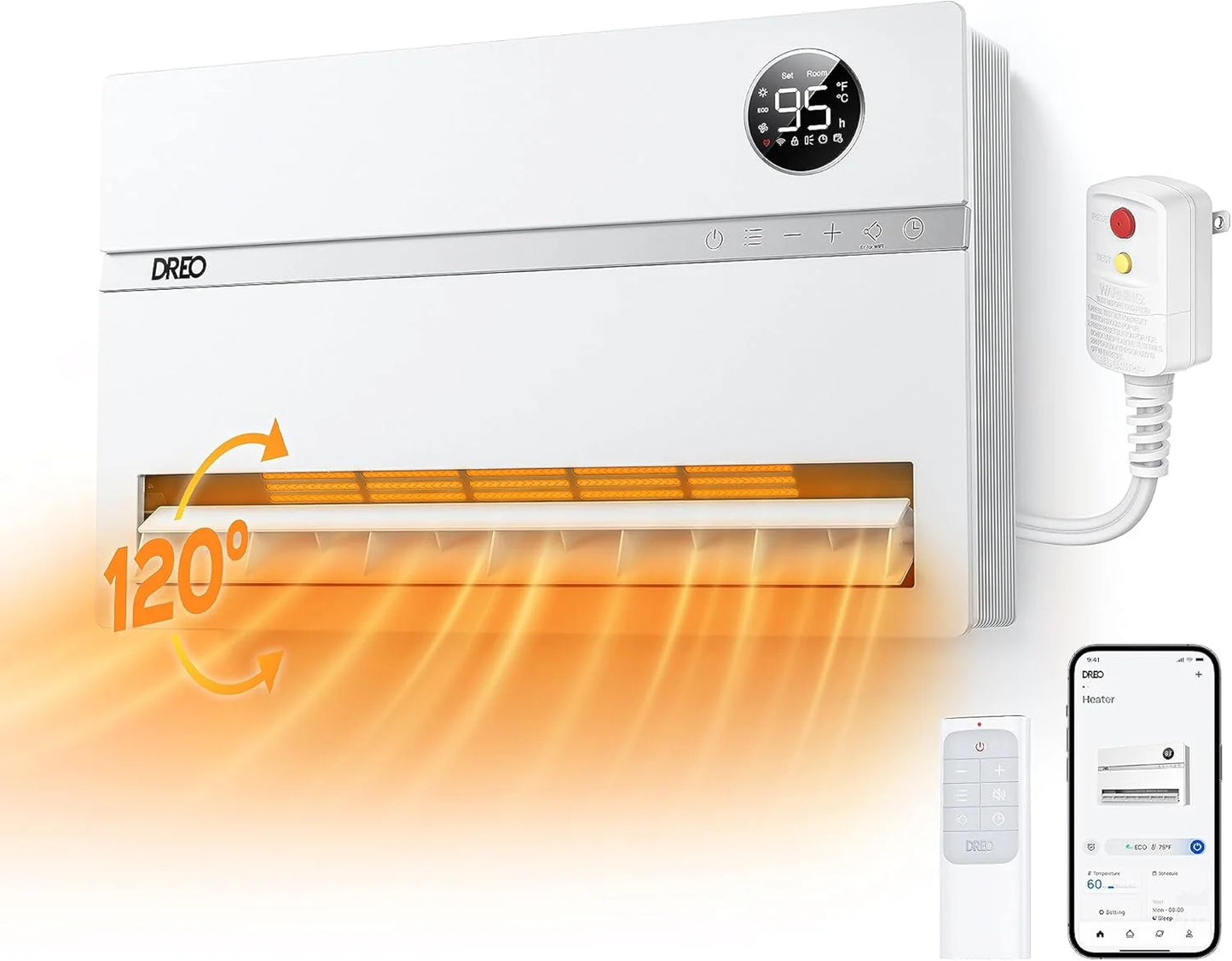 Smart wall mounted heater, bedroom electric heater, 1500W adjustable thermostat 24-hour timer easy to install indoor heater