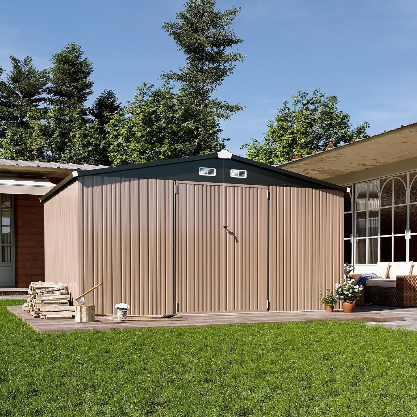 Aoxun 12x10 FT Shed Metal Outdoor Waterproof Storage Shed Steel Utility Garden Tool Shed with Door & Lock Outdoor Storage for Garden Patio Lawn Poolside, Brown