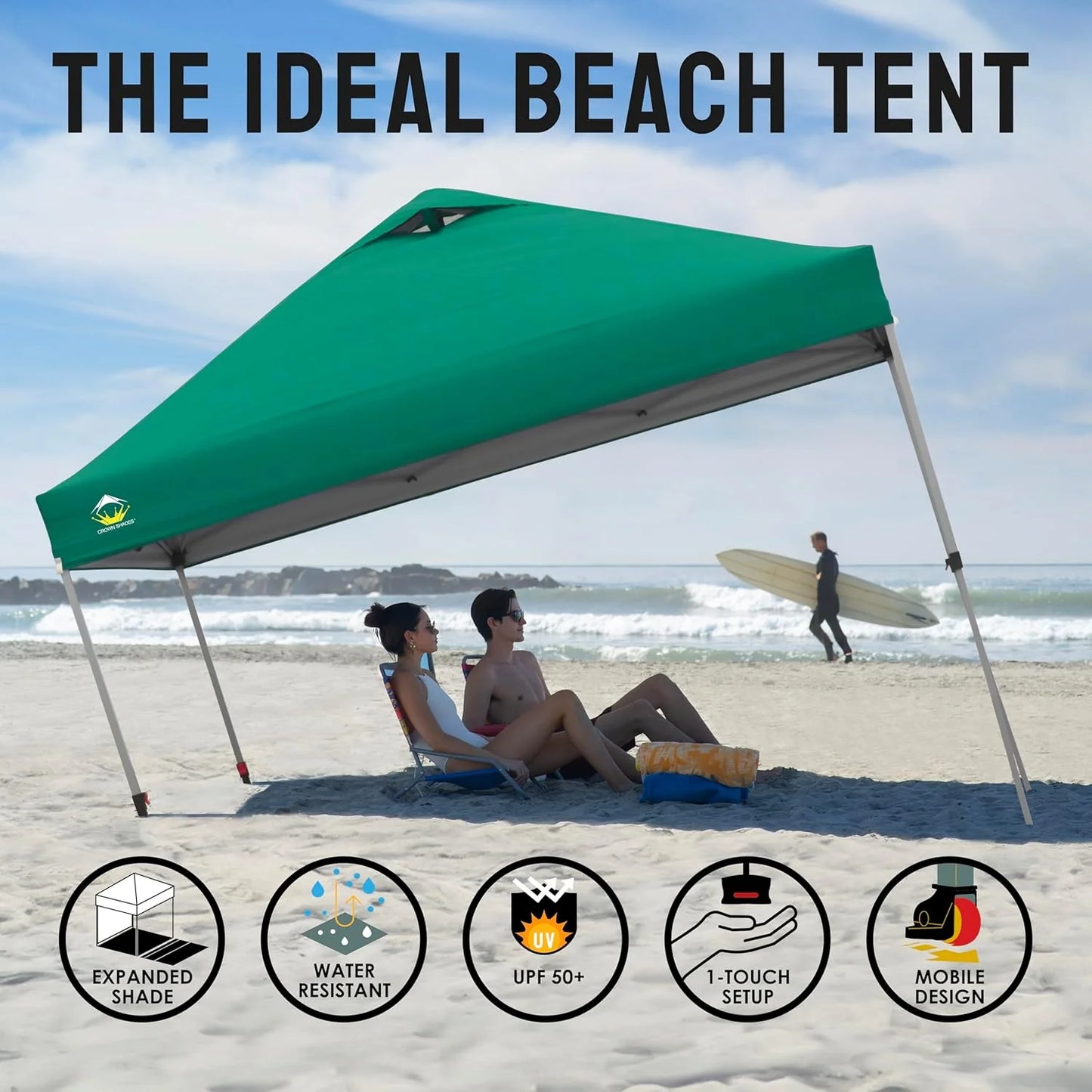 10x10 Pop-Up Awning - One-Click Installation Beach Tent - Outdoor Sunshade Silver Coated Top, 3 Heights and 4 Sand Pockets