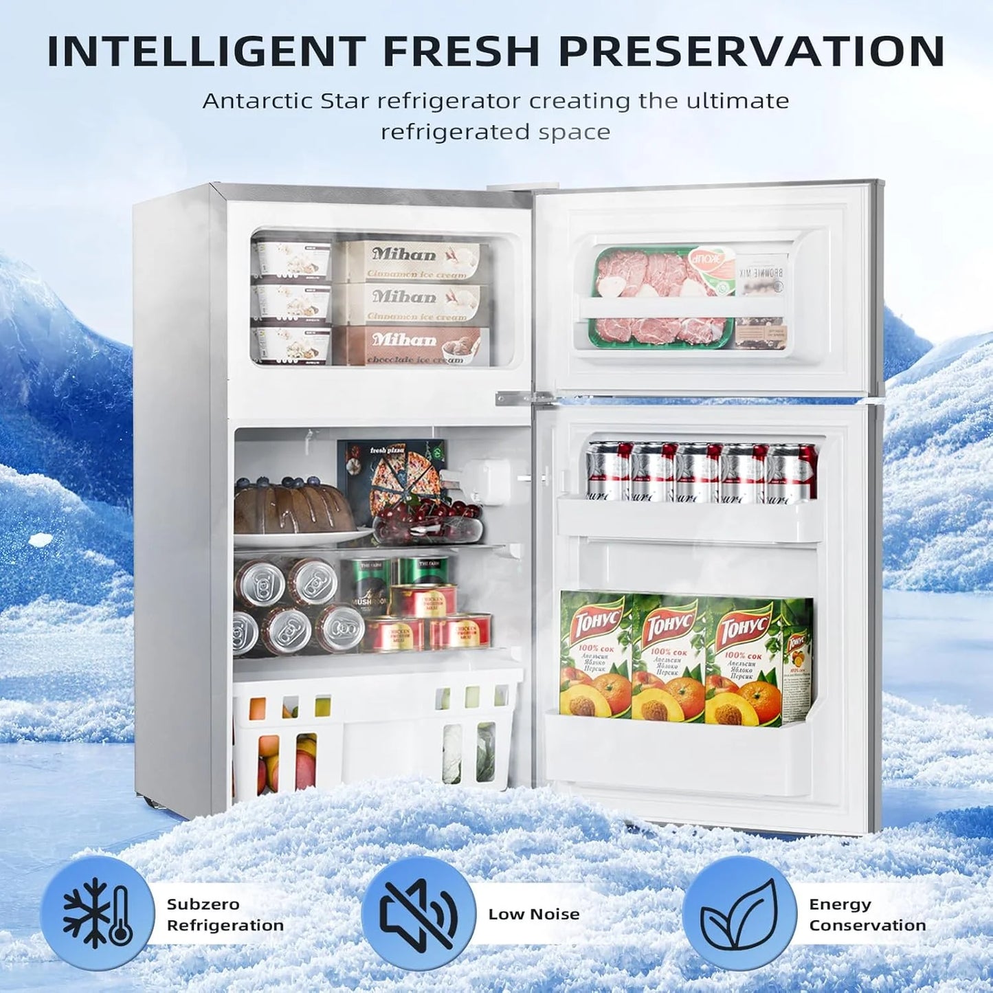 Antarctic Star 3.2 Cu.Ft,Mini Refrigerator with Freezer,Double Door Mini Fridge,Compact Refrigerator,Adjustable Thermostat,Mini Refrigerator for Bedroom/Office/Dorm/Kitchen(BLACK)