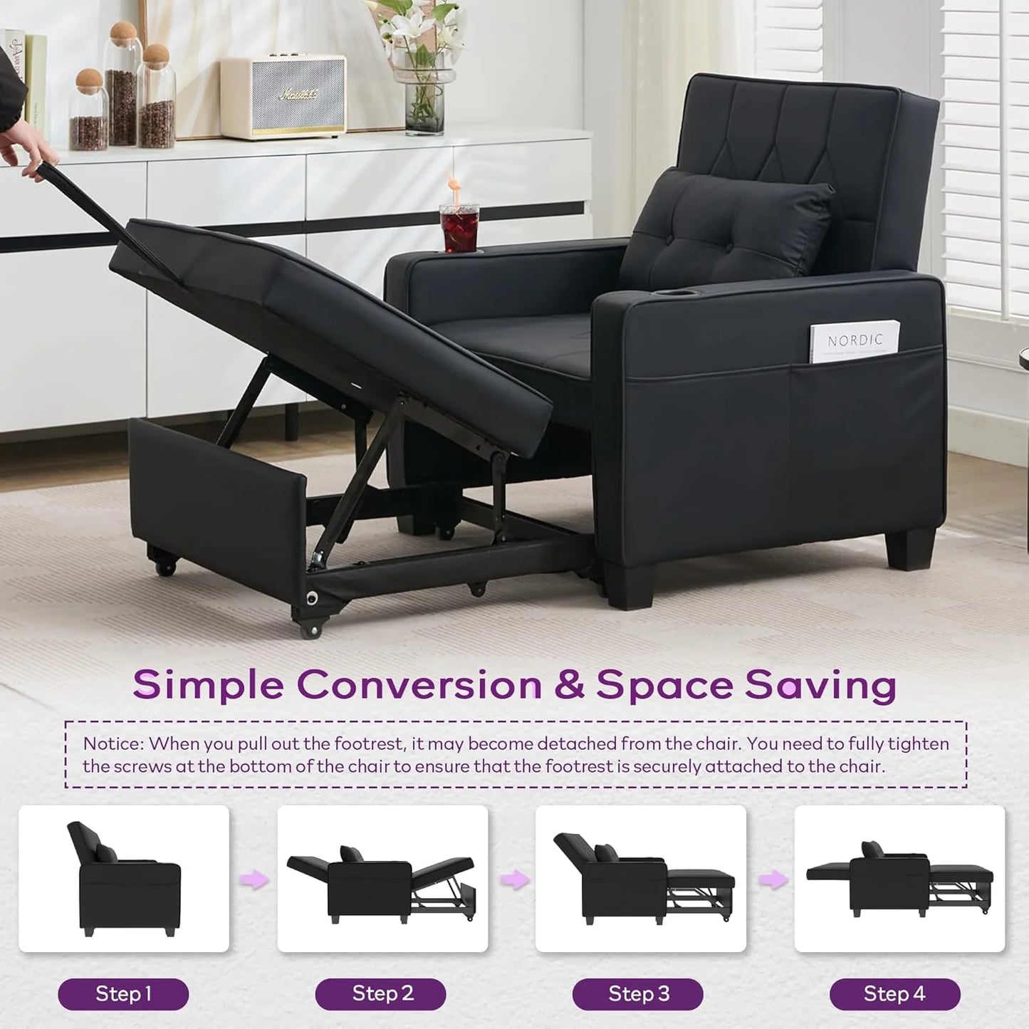 Adult Convertible Sleeper Chair Bed, 3-in-1 Pull-Out Sofa Bed with USB/Type-C Ports, Cup Holders, Side Pockets, Single Sofa